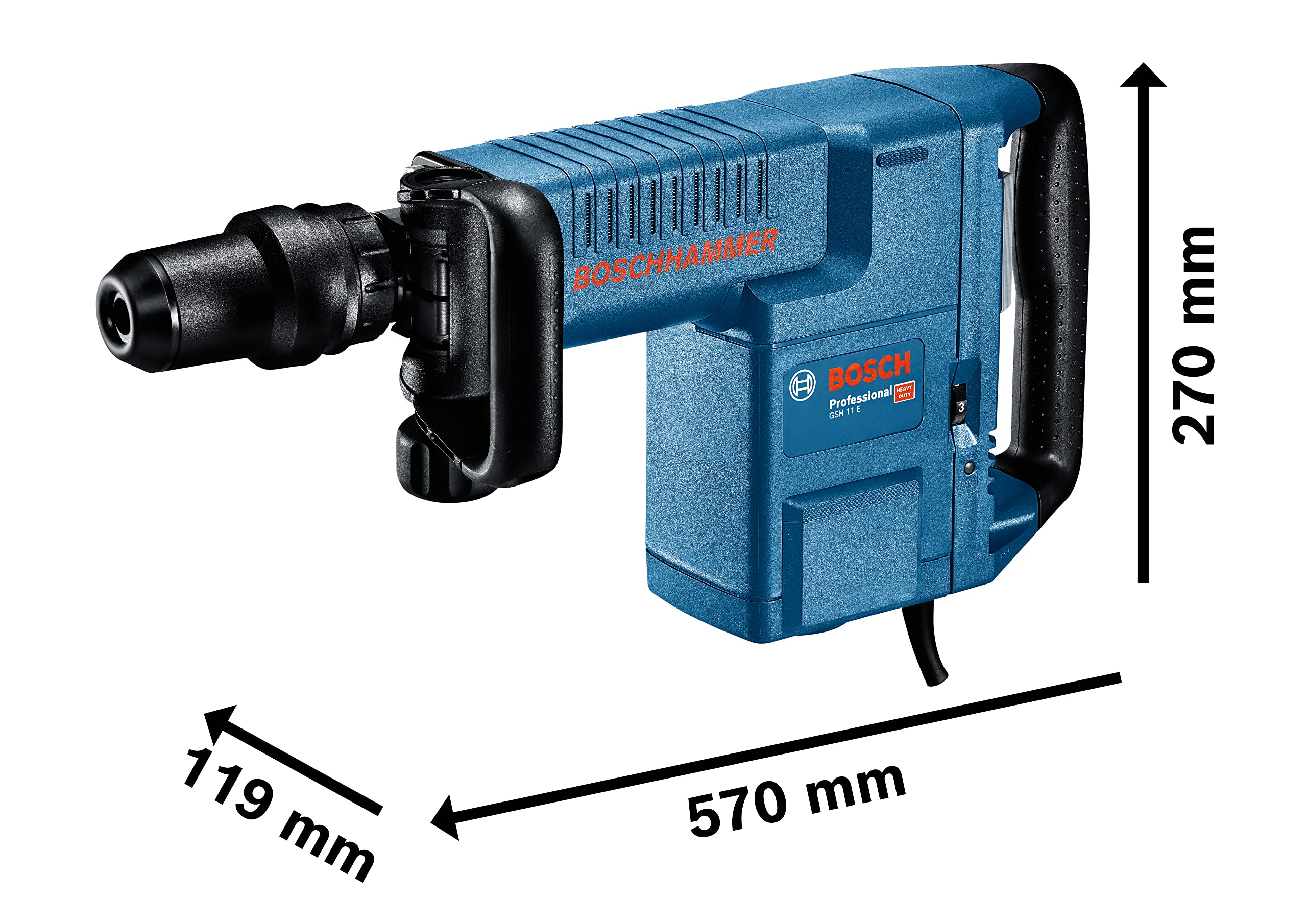 Bosch Professional: młot udarowy GSH 11 E (1 500 W, liczba udarów przy nominalnej prędkości obrotowej 900 – 1.890 min-1, rękojeść dodatkowa, 1 dłuto płaskie, smar w tubie, sukno maszynowe, walizka)