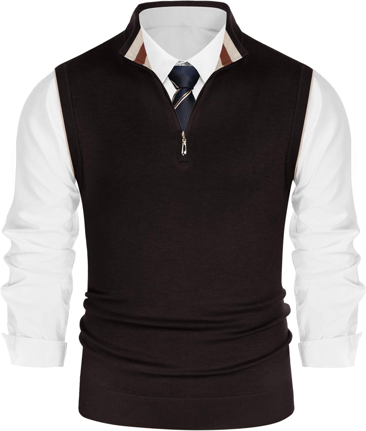 PJ PAUL JONES Mens Sweater Vest Quarter Zip Vest Sweater Stand Collar Contrast Stripes Pullover Knitwear Vest