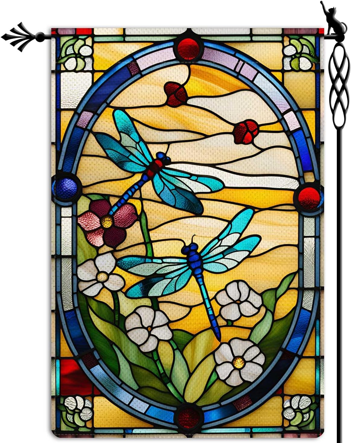 Spring Summer Dragonfly Garden Flag Stained Glass Style Floral Flowers Garden Flag Vertical Double Sided Rustic Farmland Burlap Yard Lawn Outdoor Decor 12.5x18"