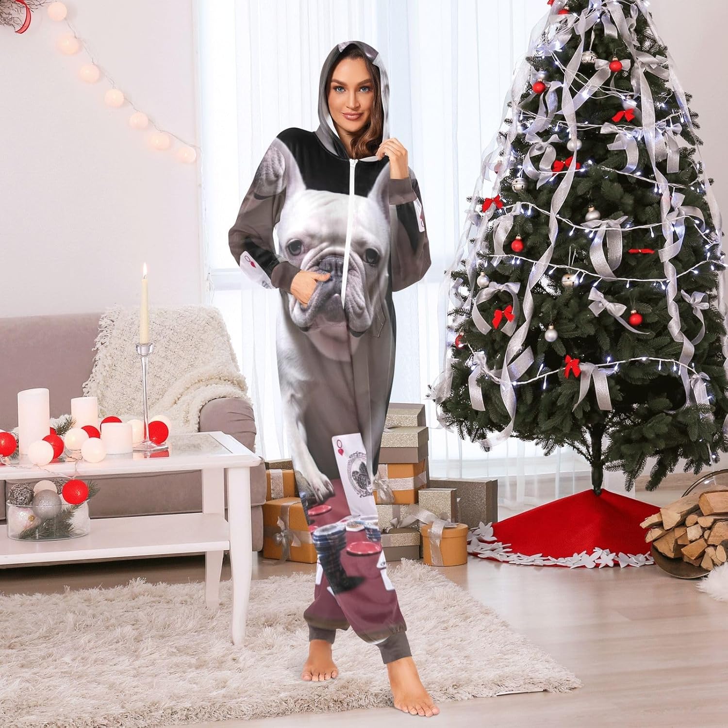 French Bulldogs Game Funny Adult Onesie Pajamas, Soft Hooded One Piece Loungewear Sleepwear for Men Women