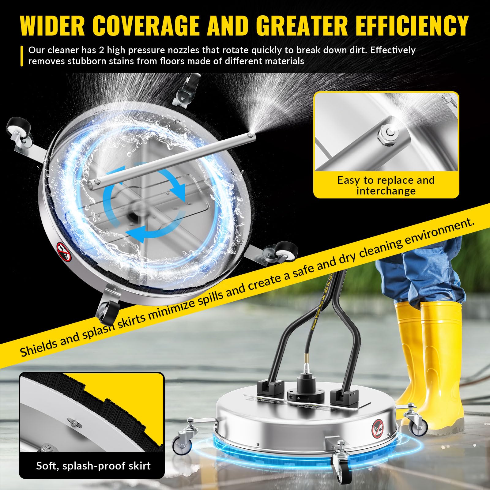 Limpiador de Superficies para Limpiador de Alta Presión Universal 56 cm Alta presión Manual para Superficies de terrazas, 4000 PSI,con 4 Ruedas, Conector Rápido De 1/4 De Pulgada