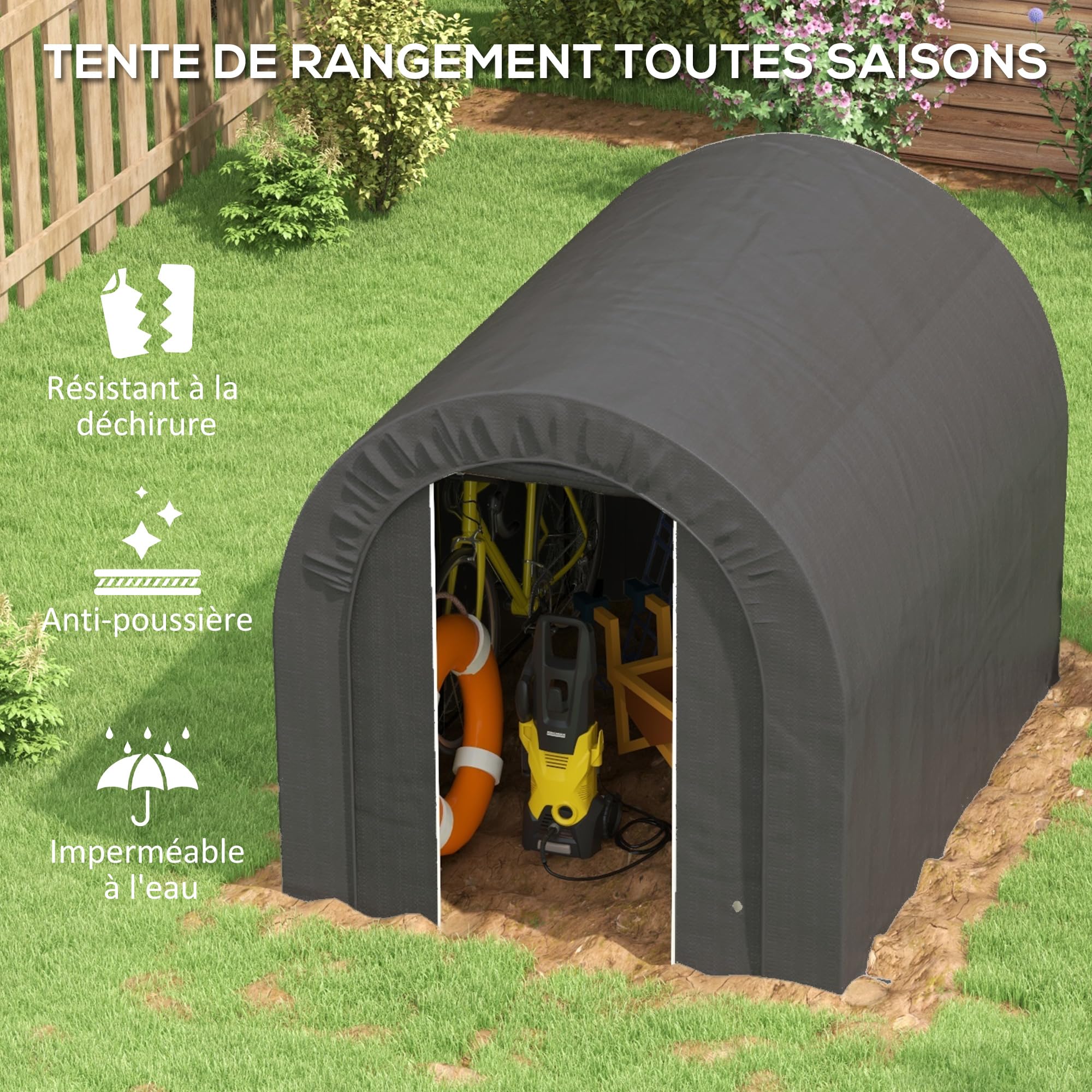 Outsunny Abri de Jardin Tente de Rangement extérieur abri de vélo Garage pour vélo bâche en PE Cadre en métal galvanisé dim. 2,4 x 1,8 x 1,9 m Gris foncé