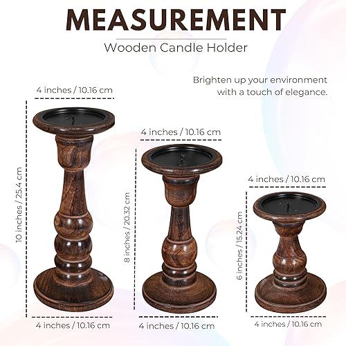 Miniatura 3 de Juego de 3 portavelas de madera (10, 8, 6 pulgadas) Portavelas de pilar hecho a mano Portavelas decorativo de madera de mango rústico para el