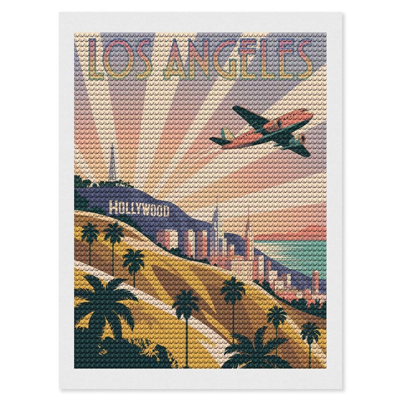 Junmoney Los Angeles Travel (2) DIY Diamond Art Canvas Kit 12"x16", Simple to Start, Fun Craft Experience, Modern Decor, Gift Idea, Adhesive Canvas