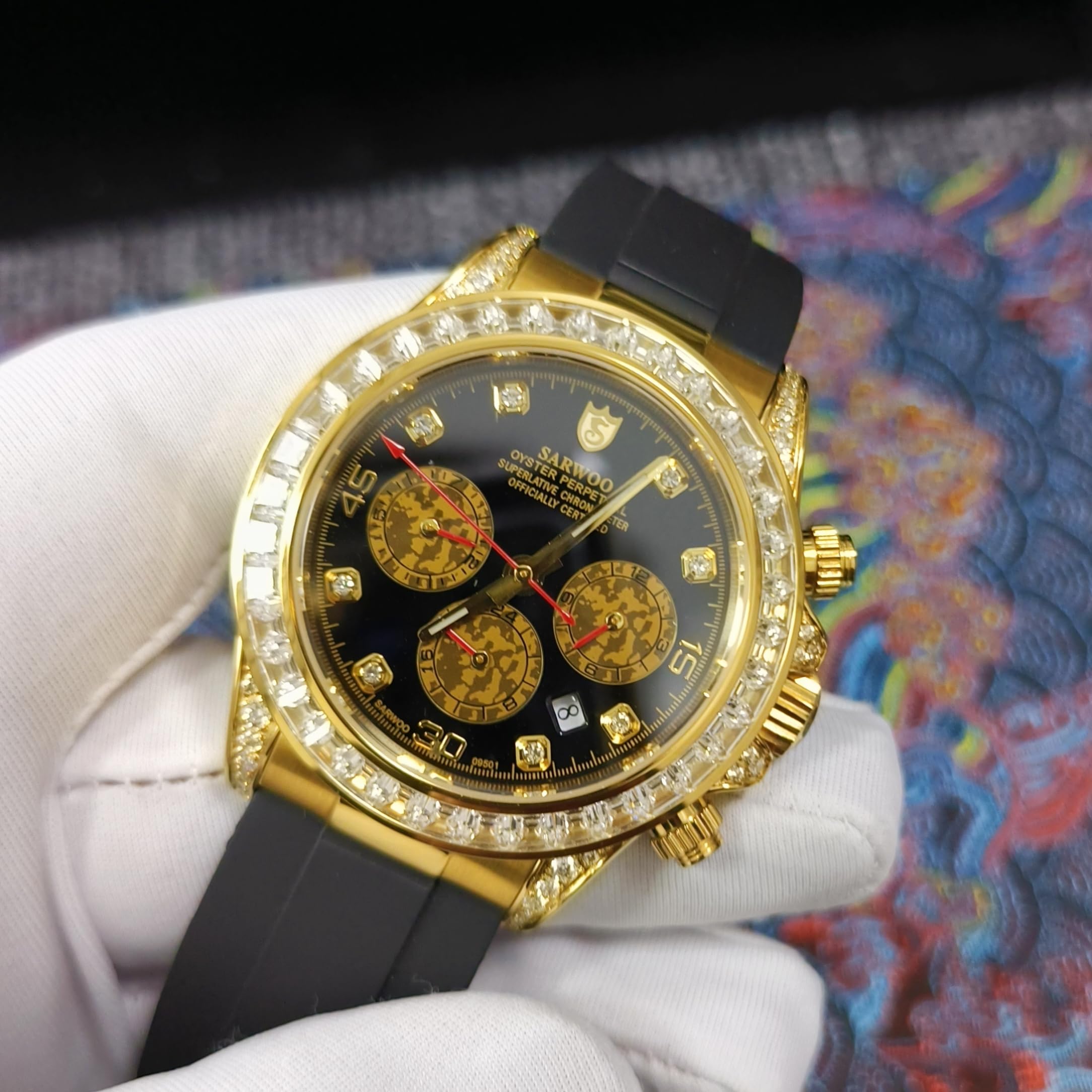Sarwo Luksusowe mechaniczne zegarki męskie z chronografem, pozłacane, automatyczny wielofunkcyjny zegarek sportowy