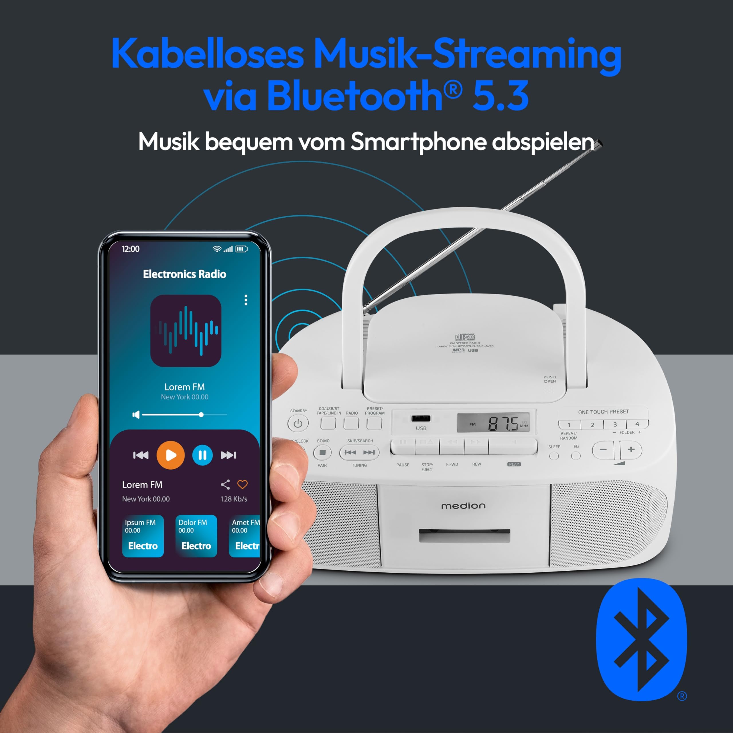 MEDION E65010 Stereoradio (CD-Player, Kassette, USB Anschluss, AUX Audioeingang, MP3-Widergabe. UKW PLL Radio,40 Senderspeicher, Batteriebetrieb, Fernbedienung) weiß