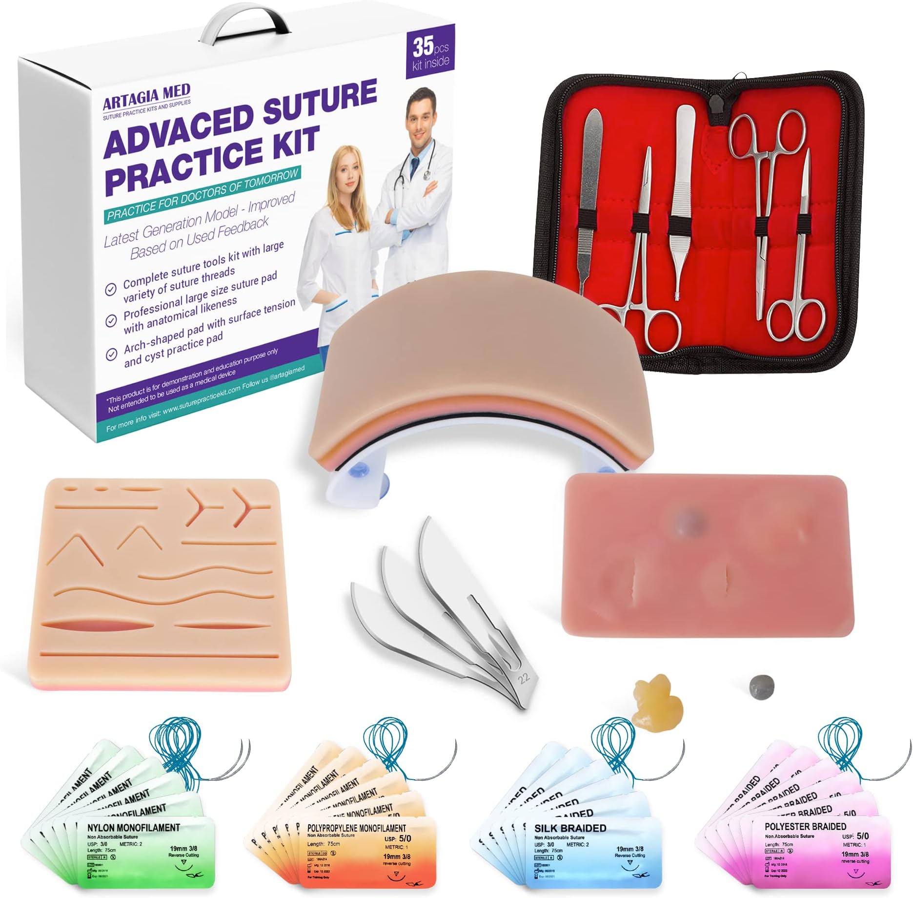 Advanced Practice Kit for Medical Students (35 Pcs) – Latest Generation of Most Complete Model, Including: Tool Kit with Variety of Suture Threads, 3 Top Quality Suture Pads (Education Only)