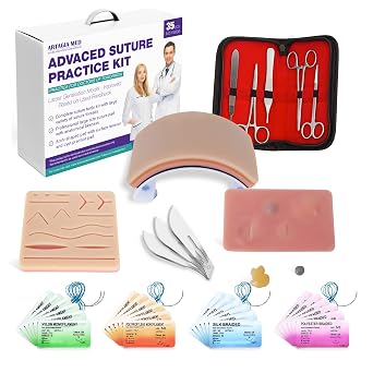 Advanced Practice Kit for Medical Students 35 Pcs Latest Generation of Most Complete Model, Including Tool Kit with Variety of Suture Threads, 3 Top Quality Suture Pads Education Only