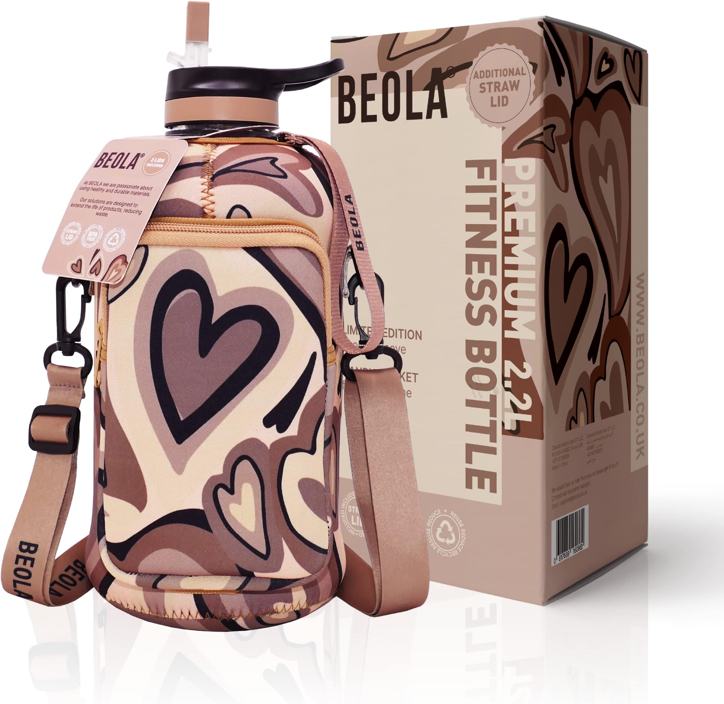 2.2L Half Gallon Water Bottle with STRAW LID and Cooling Sleeve with Phone Storage, BPA Free Large Fitness Sport Bottle Jug with Handle, 74oz (Power Nude)