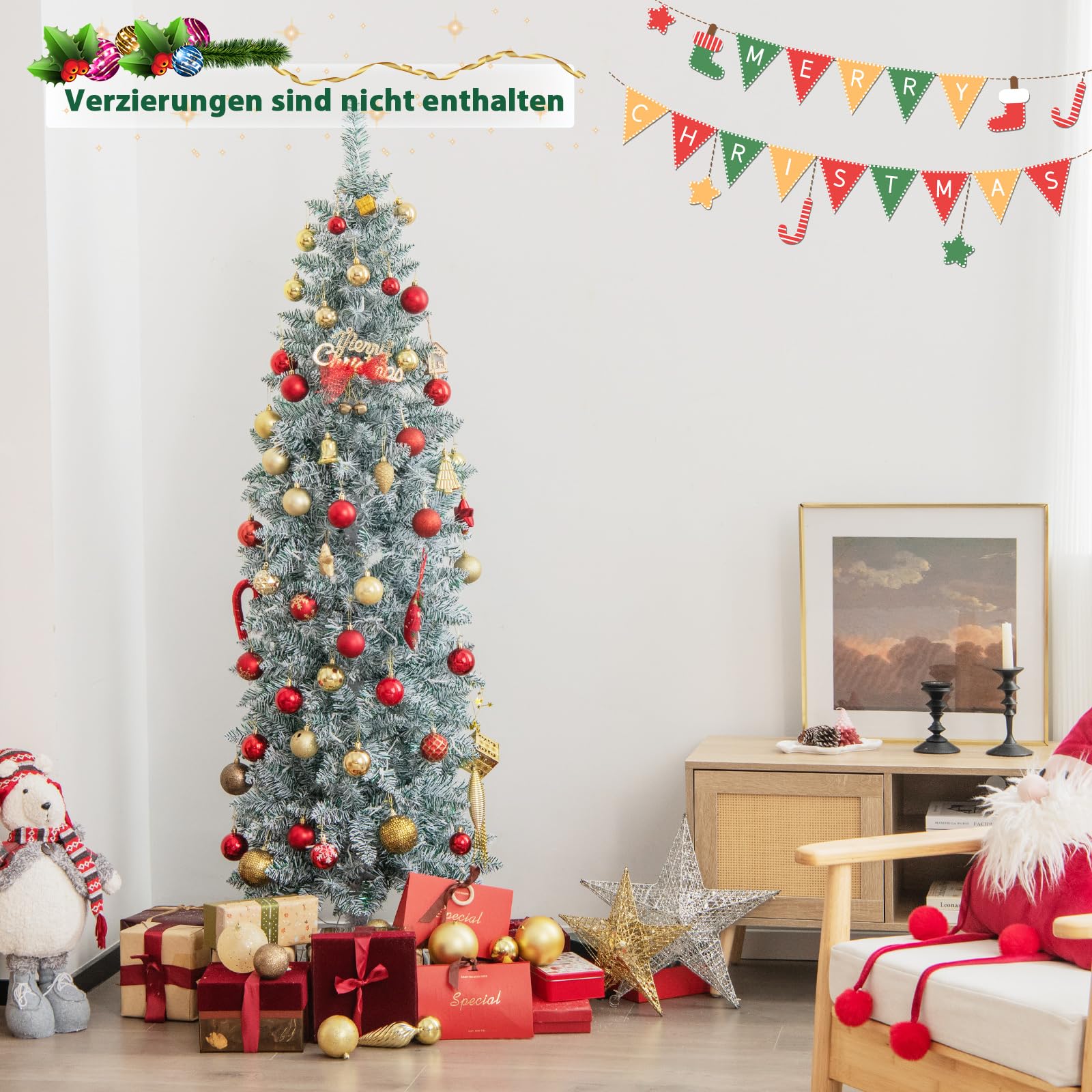 COSTWAY 180cm künstlicher Weihnachtsbaum Bleistift, LED Tannenbaum mit Beleuchtung, schlanker Christbaum mit mehrfarbigen Lichtern, Kunstbaum mit Metallständer für Weihnachten, Grün+Weiß