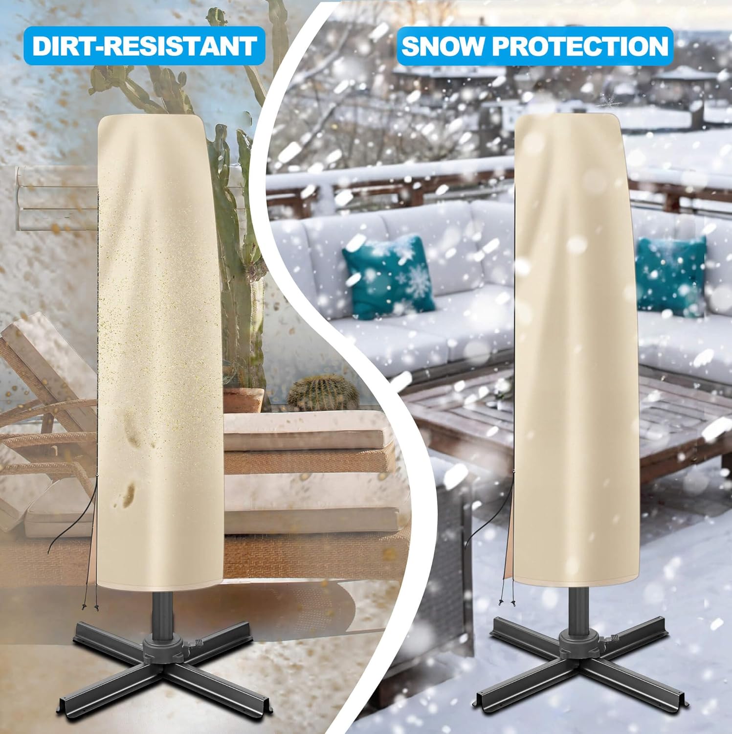 FLAME&SHADE Cantilever Umbrella Covers, Waterproof Offset Patio Umbrella Cover with Telescopic Pole, Oxford Fabric Outdoor Parasol Cover for 7ft to 12ft Banana Umbrella, Beige