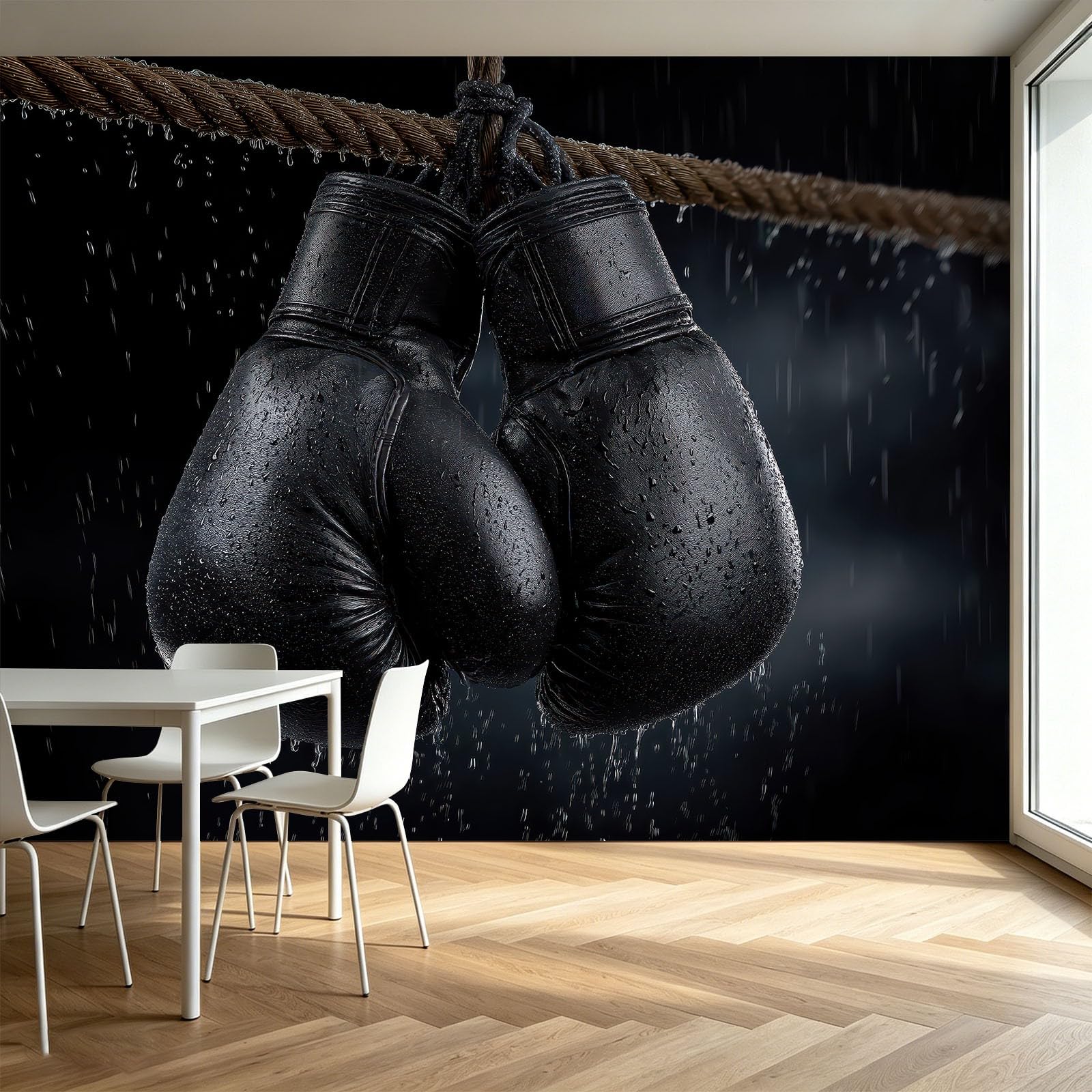 Czarne rękawice bokserskie, panorama, fototapeta, 250 x 175 cm, flizelina, sztuka ścienna, mural, zawody sportowe, fototapeta na siłownię, do klubu sportowego, na sofę, tło