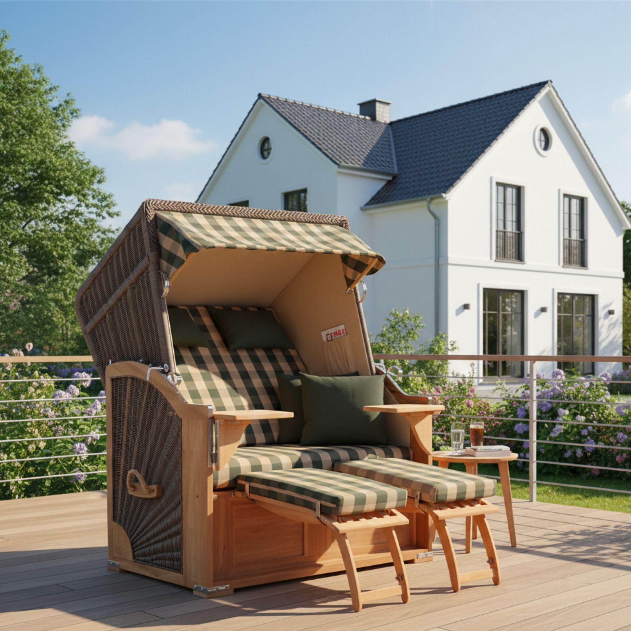 MR. DEKO® Strandkorb Seeblick 2-Sitzer Teakholz | PE Geflecht Grey | Volllieger verstellbar mit Fußablage | inkl. 4 Kissen + Wechselpolster | Strandkörbe Teak fertig montiert Strandstuhl (Dessin 506)