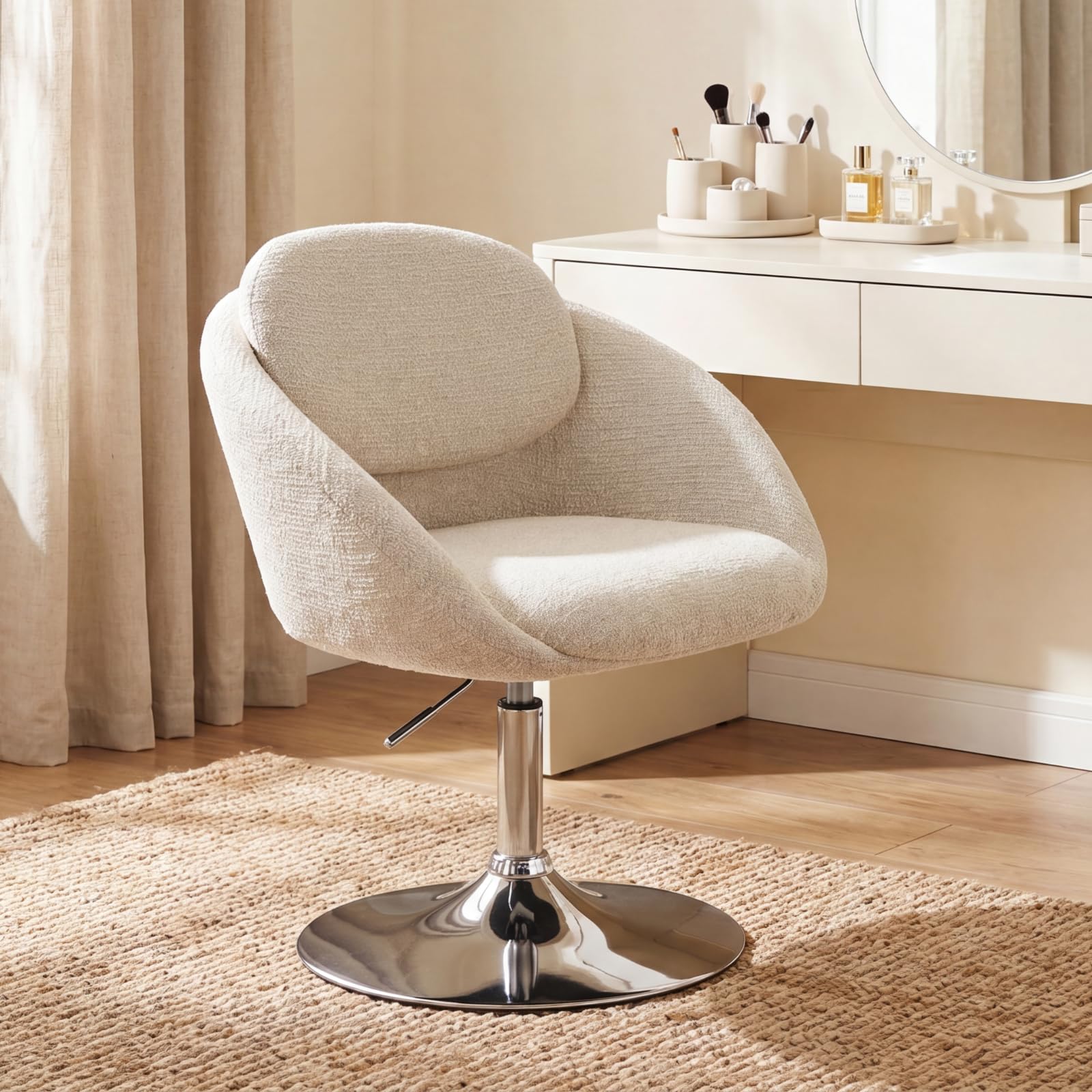 Ya-Home Vanity Accent Chair Chenille Adjustable Height Dressing Table Chair with Back Swivel Salon Armchair Chairs for Living Room Bedroom, White