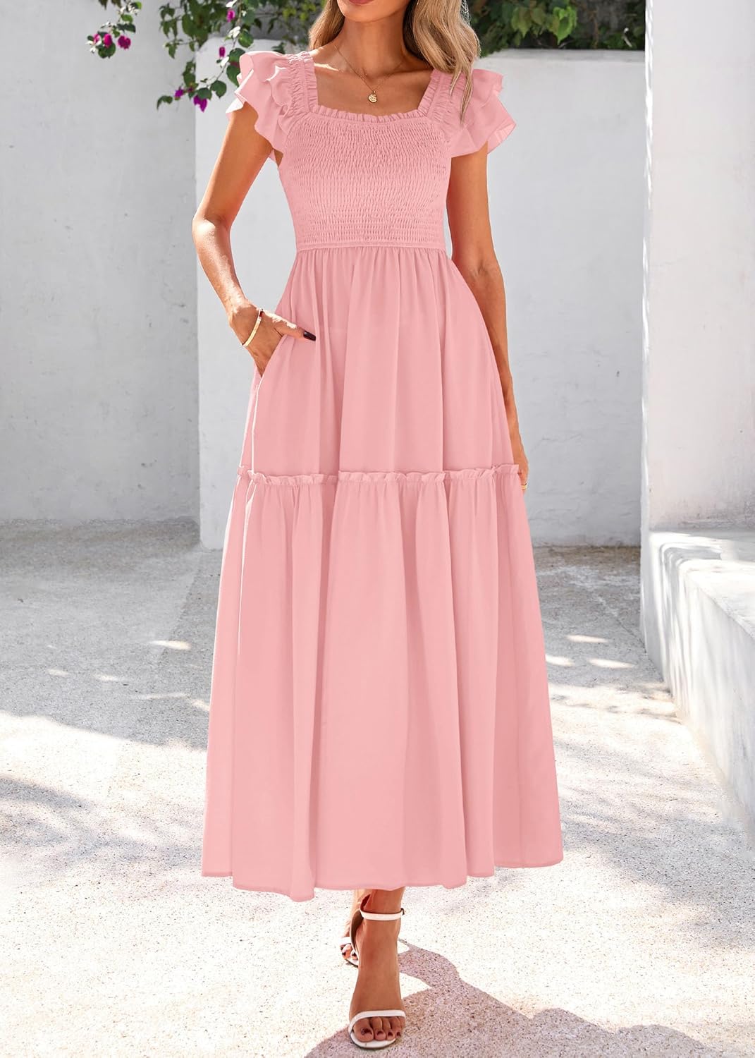 KIRUNDO Smocked Summer Dresses for Women 2026 Wedding Guest Midi Flowy Ruffle Short Sleeve Square Neck Tiered Sundress - Image 3