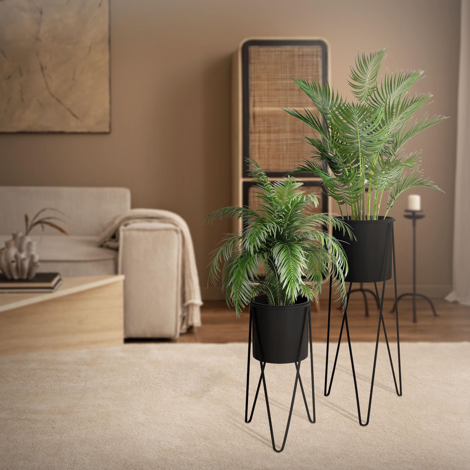 ML-Design stojak na kwiaty, zestaw 2 szt., czarny, 27 x 27 x 48,5 cm, 35,5 x 34 x 75 cm, ze stali, metalowy stelaż, stojak na rośliny, 2-częściowy, stojak na doniczki na kwiaty, dekoracyjny stojak na