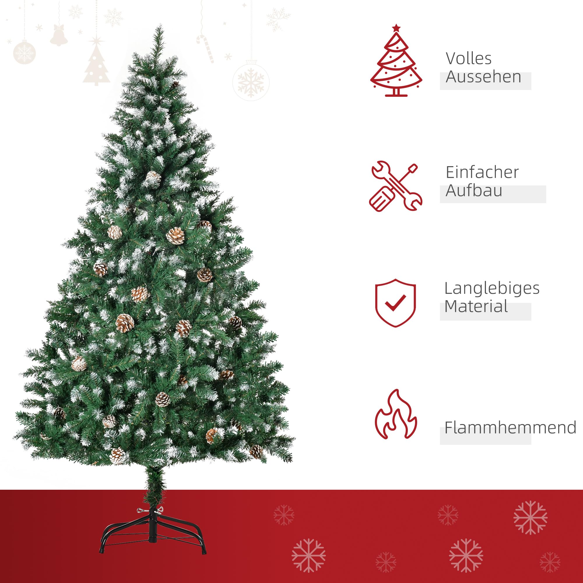 HOMCOM Künstlicher Weihnachtsbaum 180 cm Kieferbaum mit 59 Zapfen Schnee | 1111 Spitzen, Christbaum, Weihnachtsdeko, Inkl. Metallständer, für drinnen