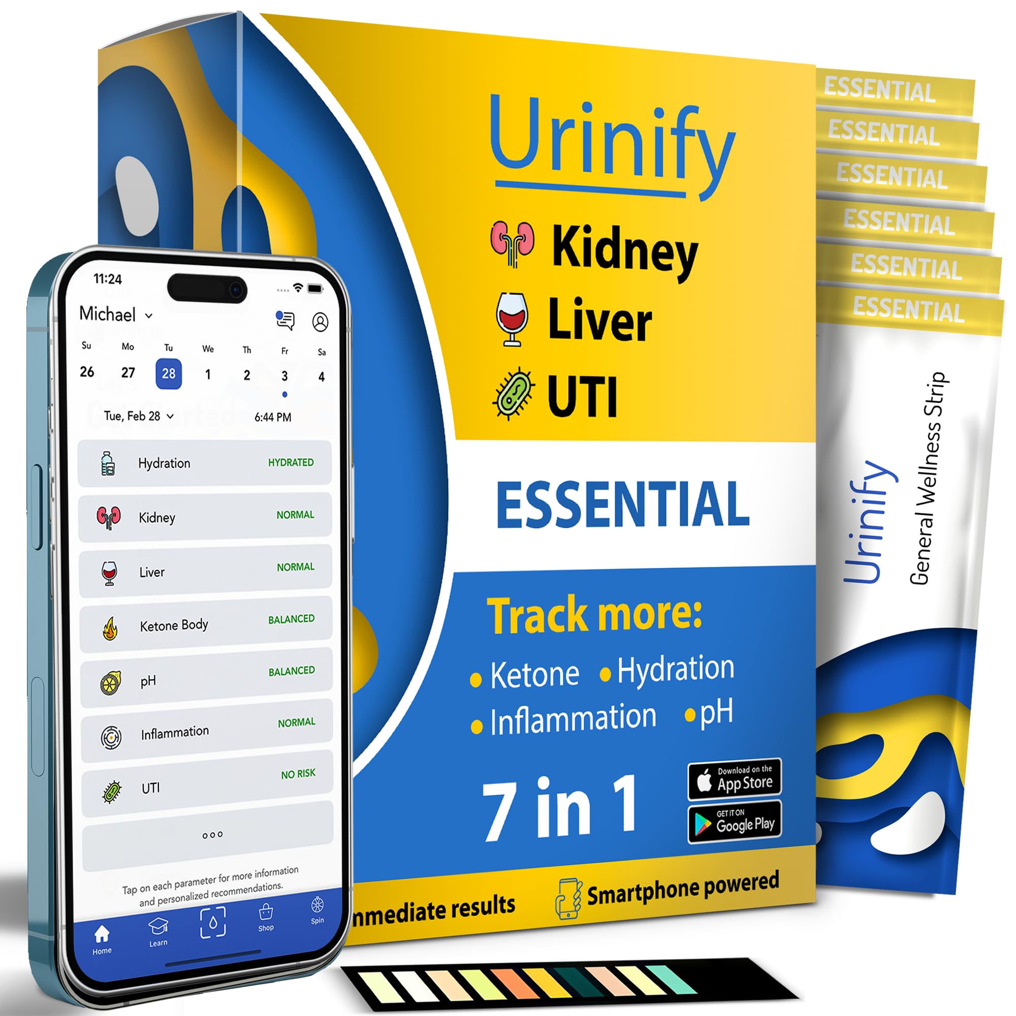 Mobile App Urine Test Strips -Trusted at Home Kidney and Liver Test Kit, Urinary Protein, UTI Test, Hydration, Ketone Body, pH, Urinalysis- Essential Kit (6 Strips)