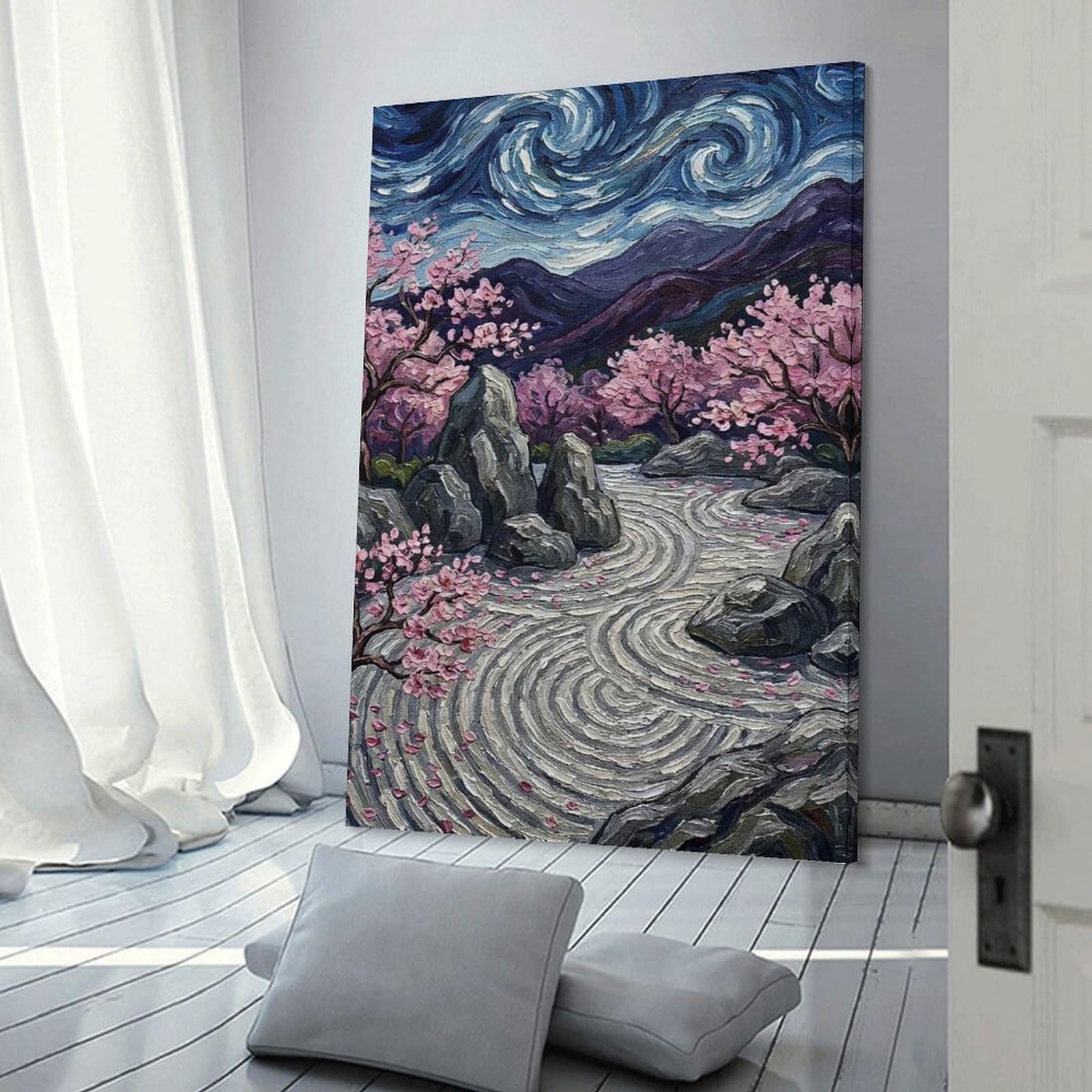 Junmoney Zen Garden with Cherry Blossoms Canvas Art Print 12x18inch(30x45cm), for Front Hall, Corridor Or Welcome Spaces, Home Artwork for First Impressions
