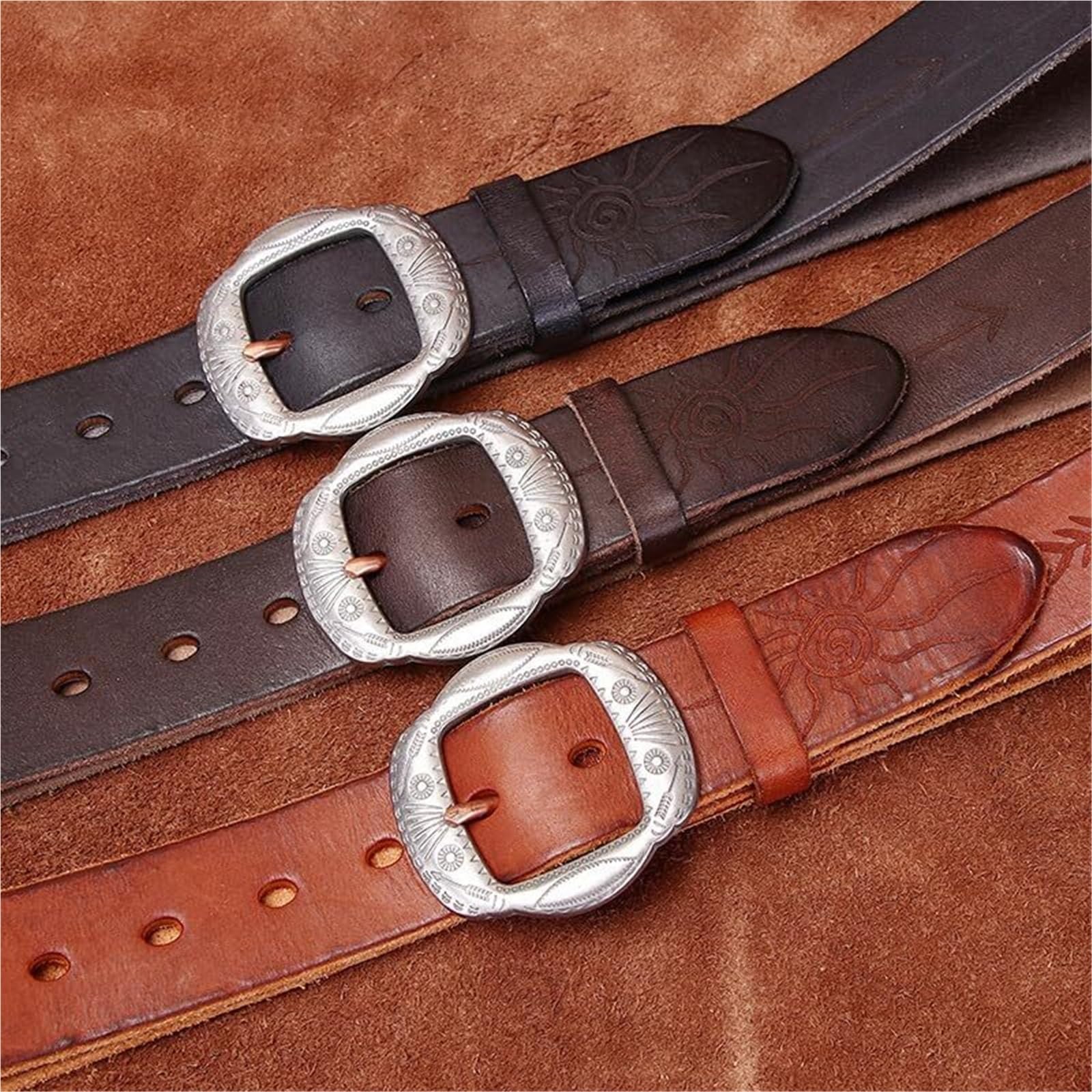 Cintura Da Uomo In Pelle Goffrata Vintage-western, Fibbia In Argento Anticato Con Motivo Floreale Inciso, Cinturino In Vita Effetto Invecchiato Country