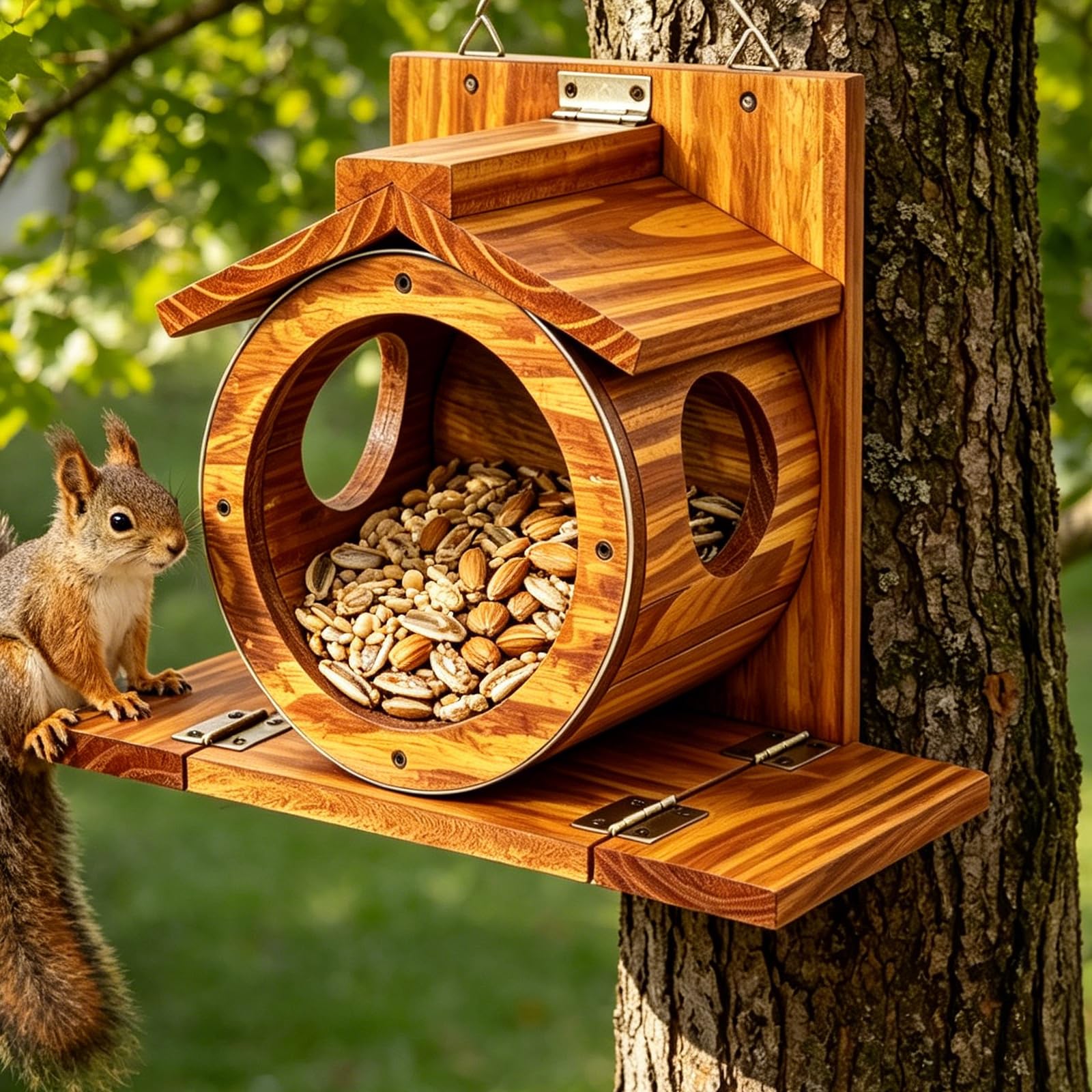 Eichhörnchen Futterhaus aus Holz, Wetterfest Eichhörnchen Haus mit Transparentem Fenster und 2.75" Grosser Oeffnung Wandmontage Robuste Futterstation für Garten Hinterhof Und Aussenbereich