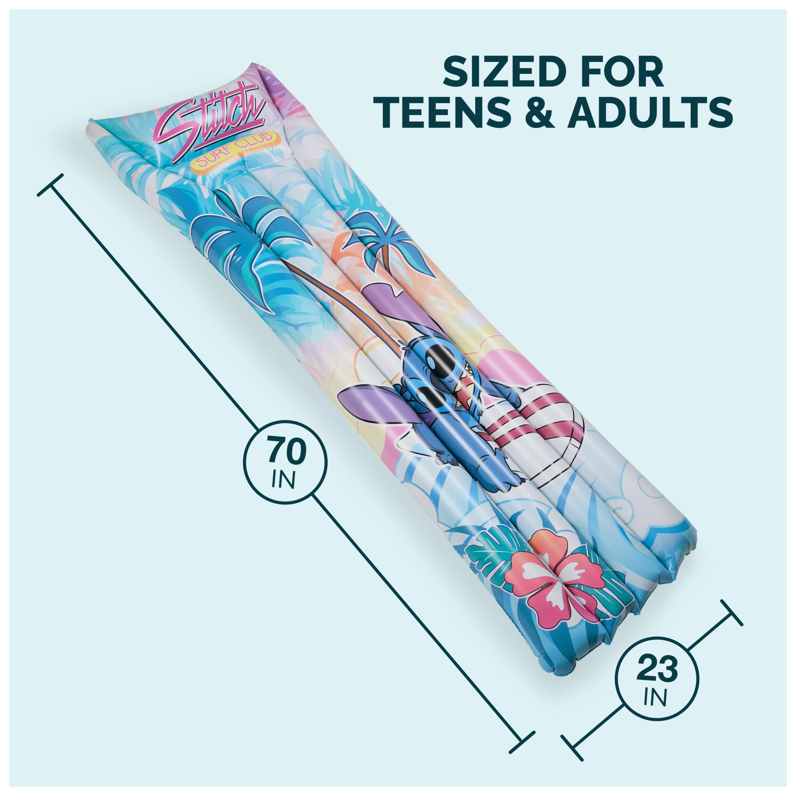 Swimways Stitch Suntanner - Flotador inflable para piscina y juguetes de piscina para niños, accesorios de piscina y artículos esenciales de playa para adolescentes de 14 años en adelante