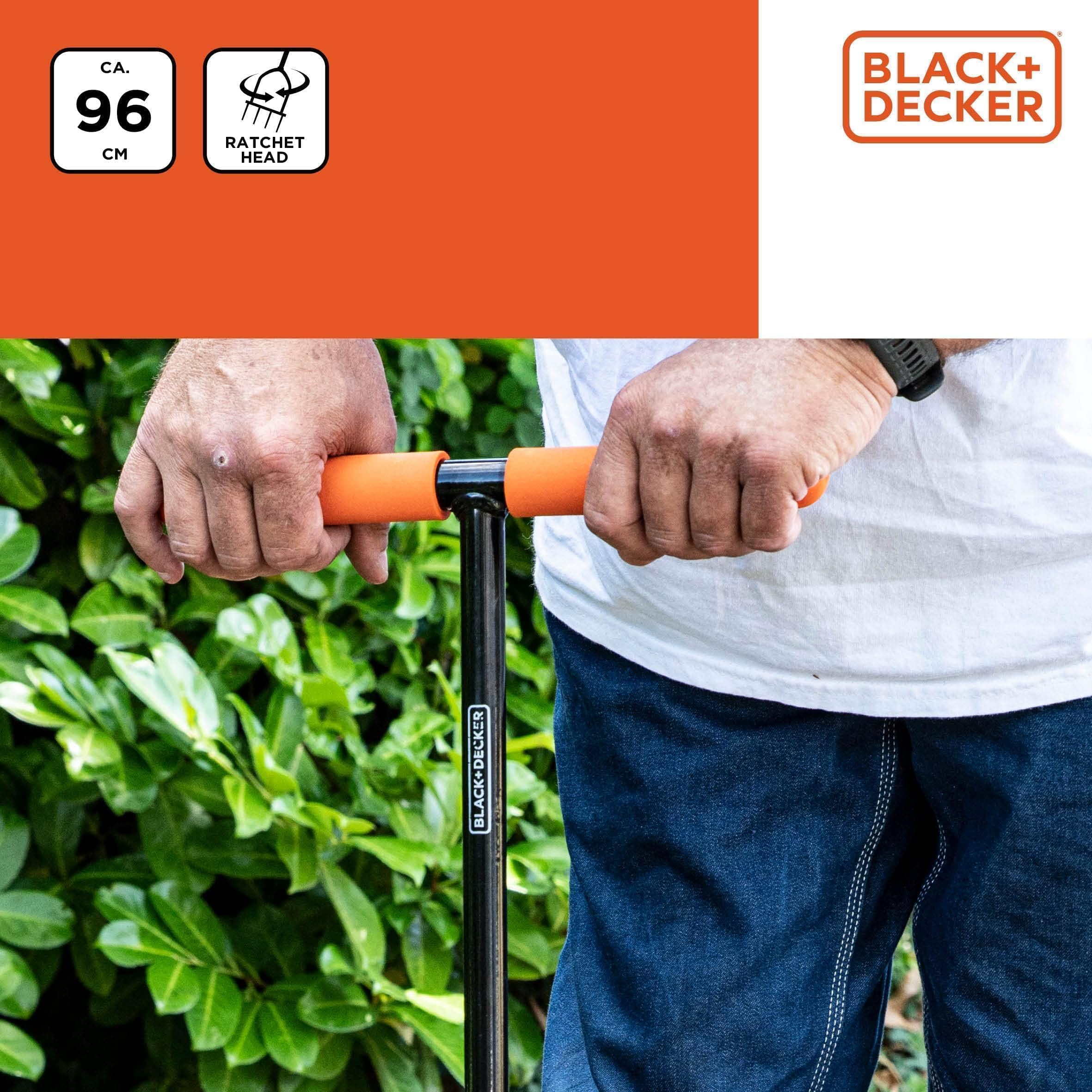BLACK+DECKER Serpette de Jardin avec cliquet - Tête rotative - Poignée Ergonomique - Cultiver et désherber - Noir/Orange