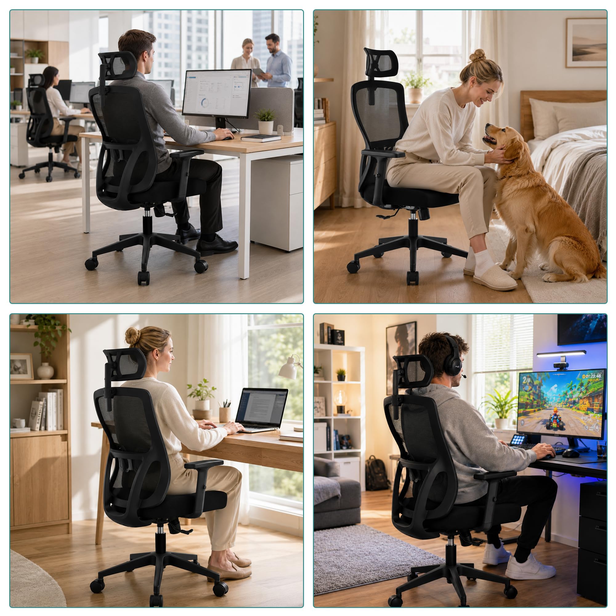 Durrafy Silla de Oficina Ergonómica con Reposacabezas Ajustable, Reposabrazos, Soporte Lumbar, Altura Regulable y Oscilación de 130°, Silla de Escritorio con Capacidad de Carga de 150 kg