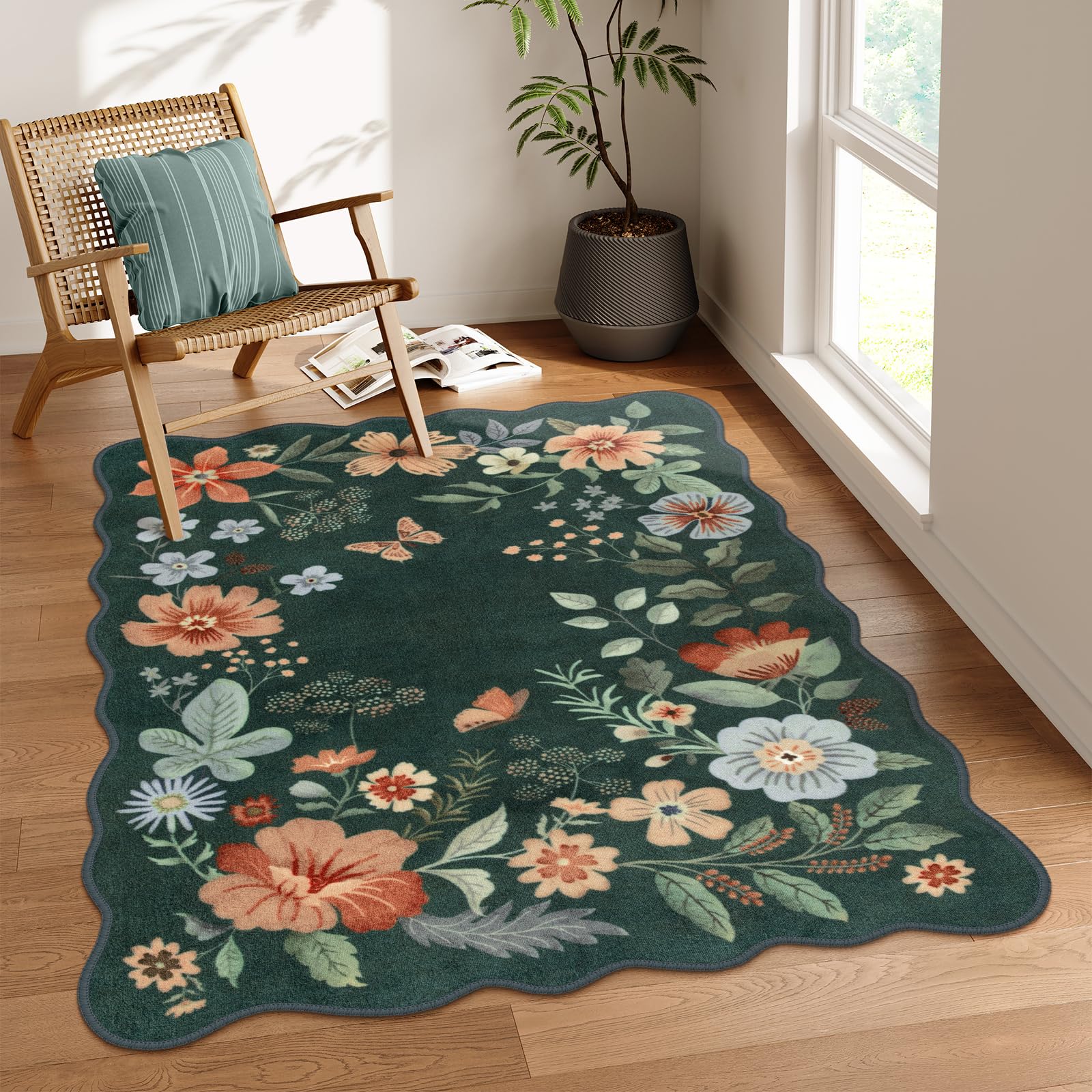Photo 1 of Lahome Floral Washable Rug- 4x6ft Green Bedroom Girls Ultra-Thin Soft Living Room Non-Slip Stain Resistant Boho Lightweight Throw Rug for Nursery Office Flore, Dark Green