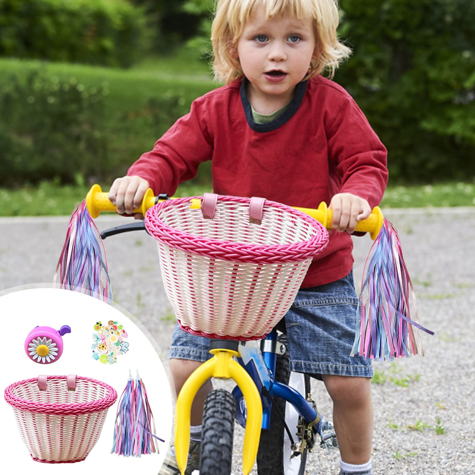 POWZOO Panier Vélo Enfant En Rotin Tressé – Amovible, Avec Sonnette, Pompons Et Autocollants – Cadeau Fun Pour Garçons Et Filles