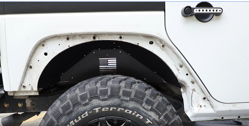 Aluminum Inner Fender Liners For Jeep Wrangler JK 2007-2018 - Front & Rear Set, Black, With US Flag Logo