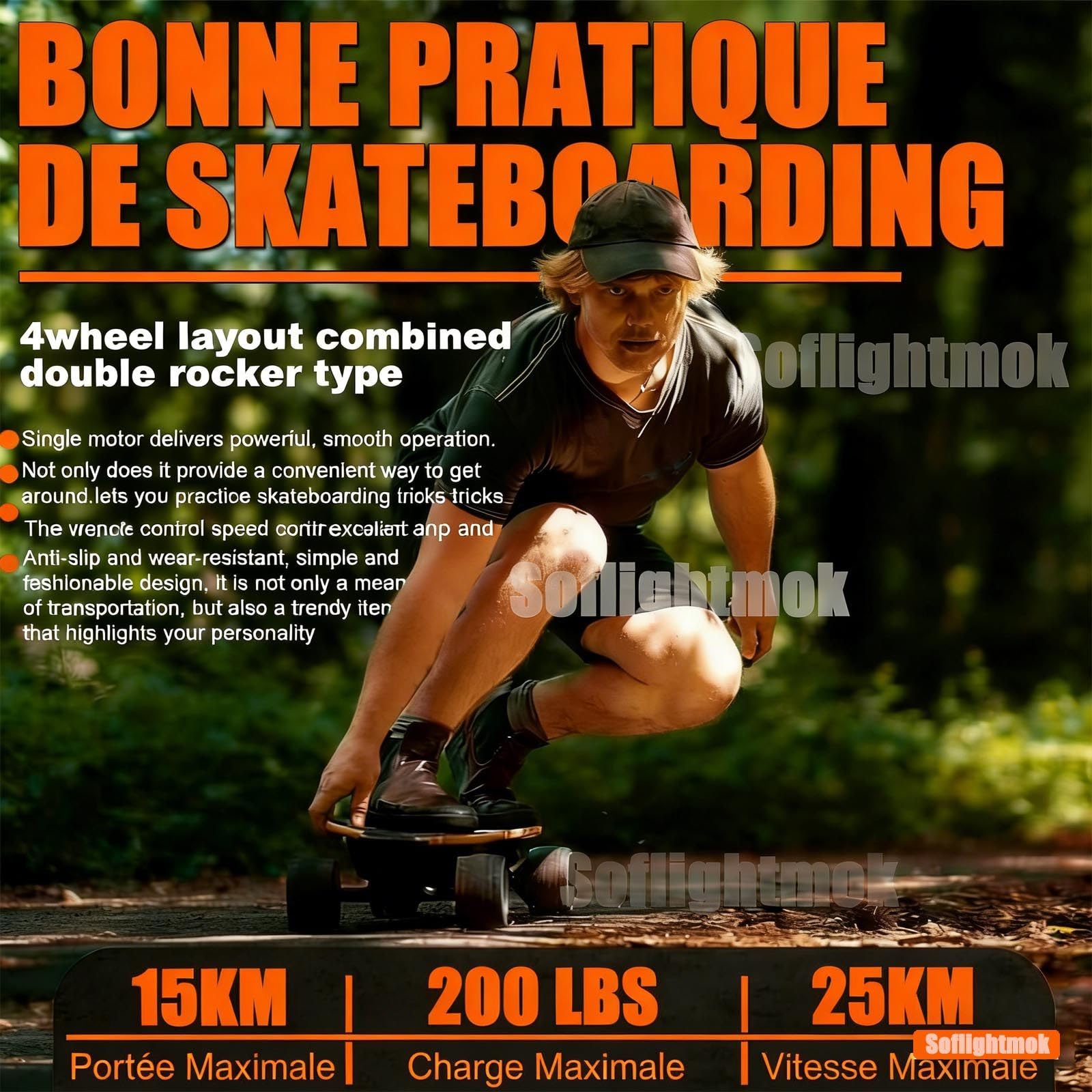 Planche Électrique Tout-Terrain 350W 25km/h Autonomie 15km Deck 7-Ply Érable 90kg Télécommande 4 Vitesses