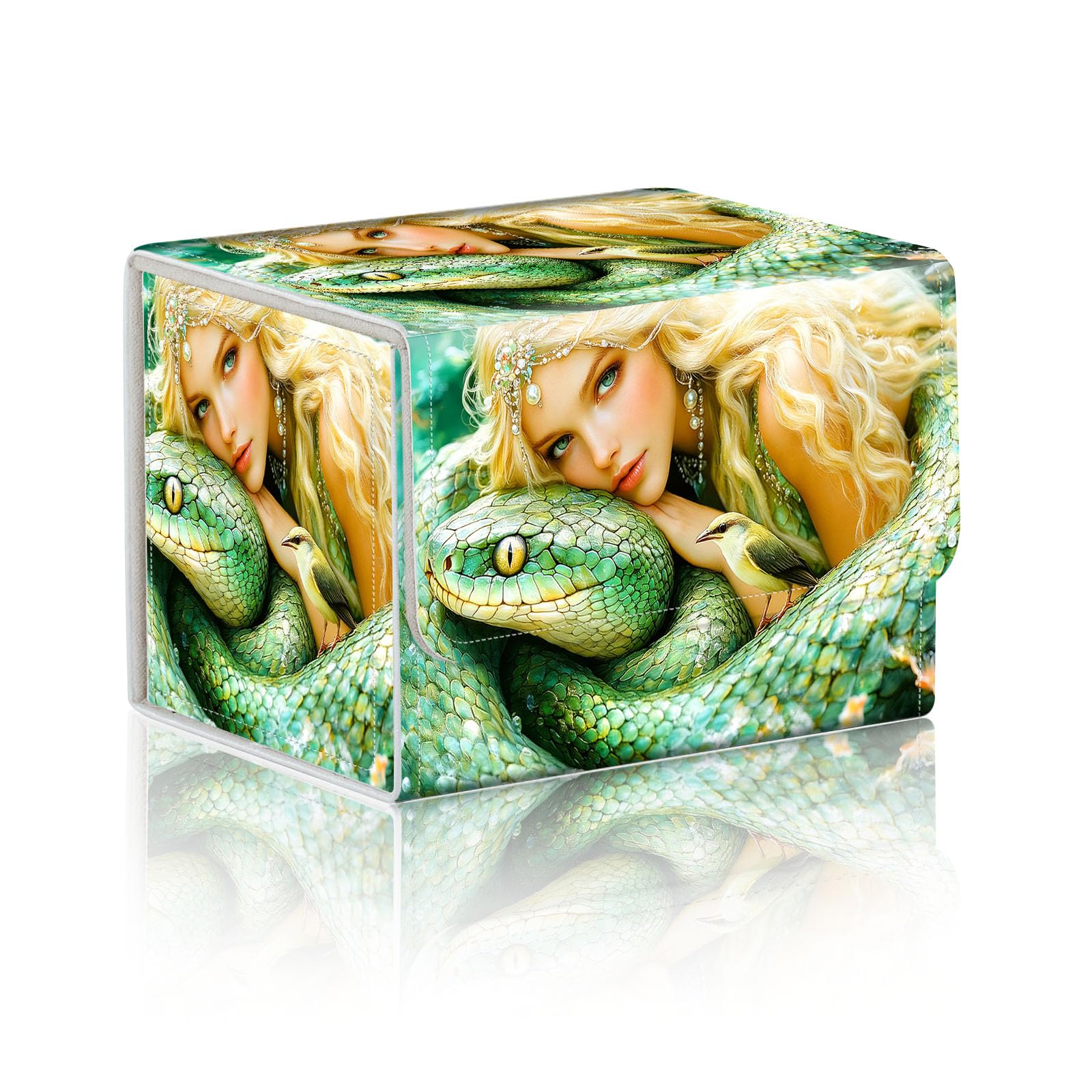 DISUOFEART Trading Card Storage Box, Holds 100+ for MTG Cards, PU Leather with Magnetic Closure, Blonde Maiden and Green Snake Durable Deck Box for Magic the Gathering, Trading Card Games