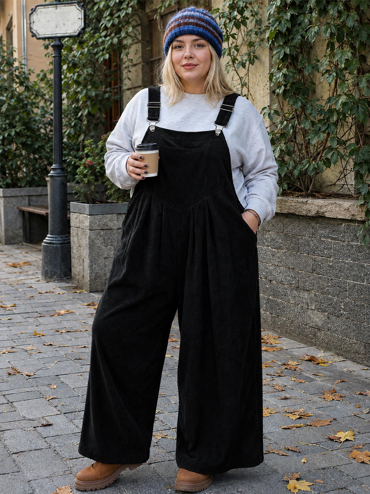 Moon Wood Cord-Overall, Übergröße, weites Bein, Jumpsuits für Damen, leger
