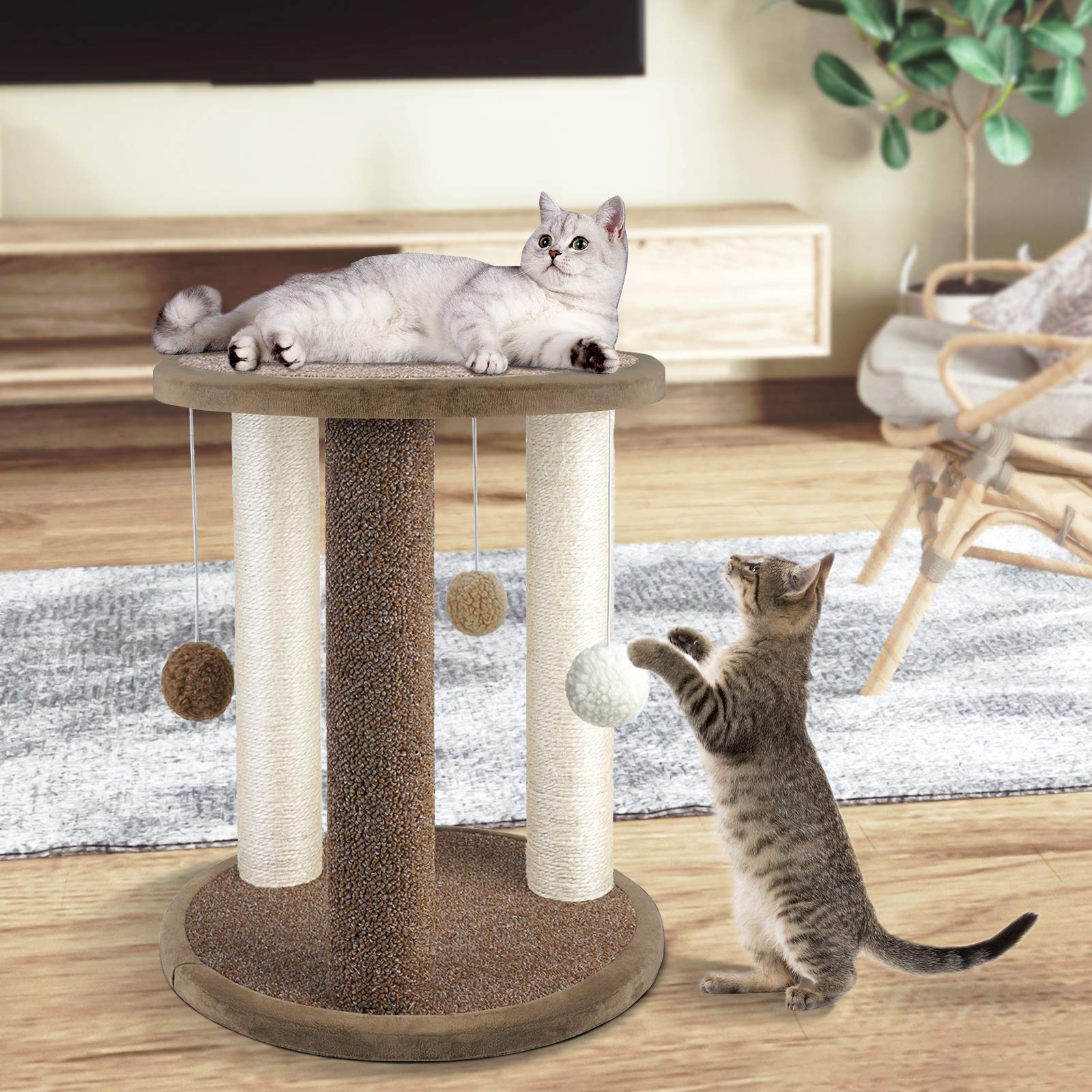 Aibuddy Tiragraffi per gatti, torre tiragraffi con 3 pali tiragraffi, area giochi con base in moquette e posatoio (giocattoli interattivi per gatti, palla pendente, montaggio orientale, 40 x 40 x 47