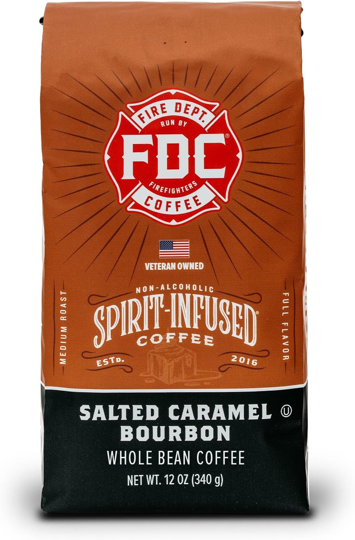 Fire Department Coffee - Salted Caramel Bourbon Coffee - Gives Back to Firefighters - Premium Bourbon Infused - Whole Bean Medium Roast - Non-Alcoholic - Roasted in the USA - Veteran Owned - 12 oz