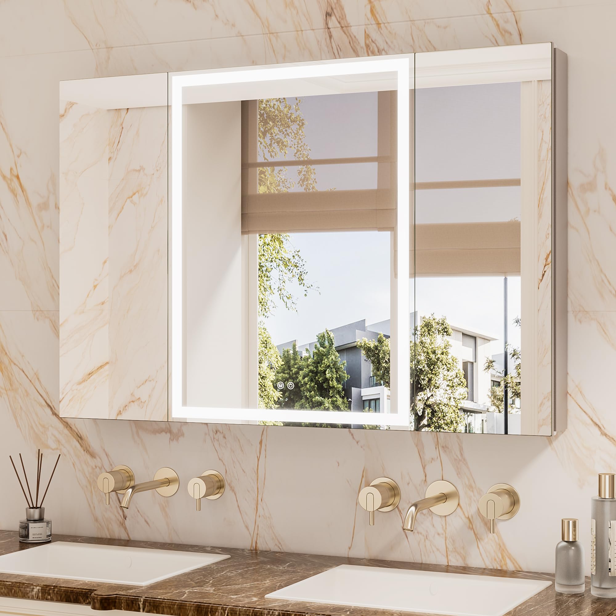 tetote 48 x 32 lighted bathroom medicine cabinet with adjustable shelves, silver aluminum cabinet, anti-fog stepless dimmable 3 colors white/warm/natural, easy to install(wall mount/recessed)