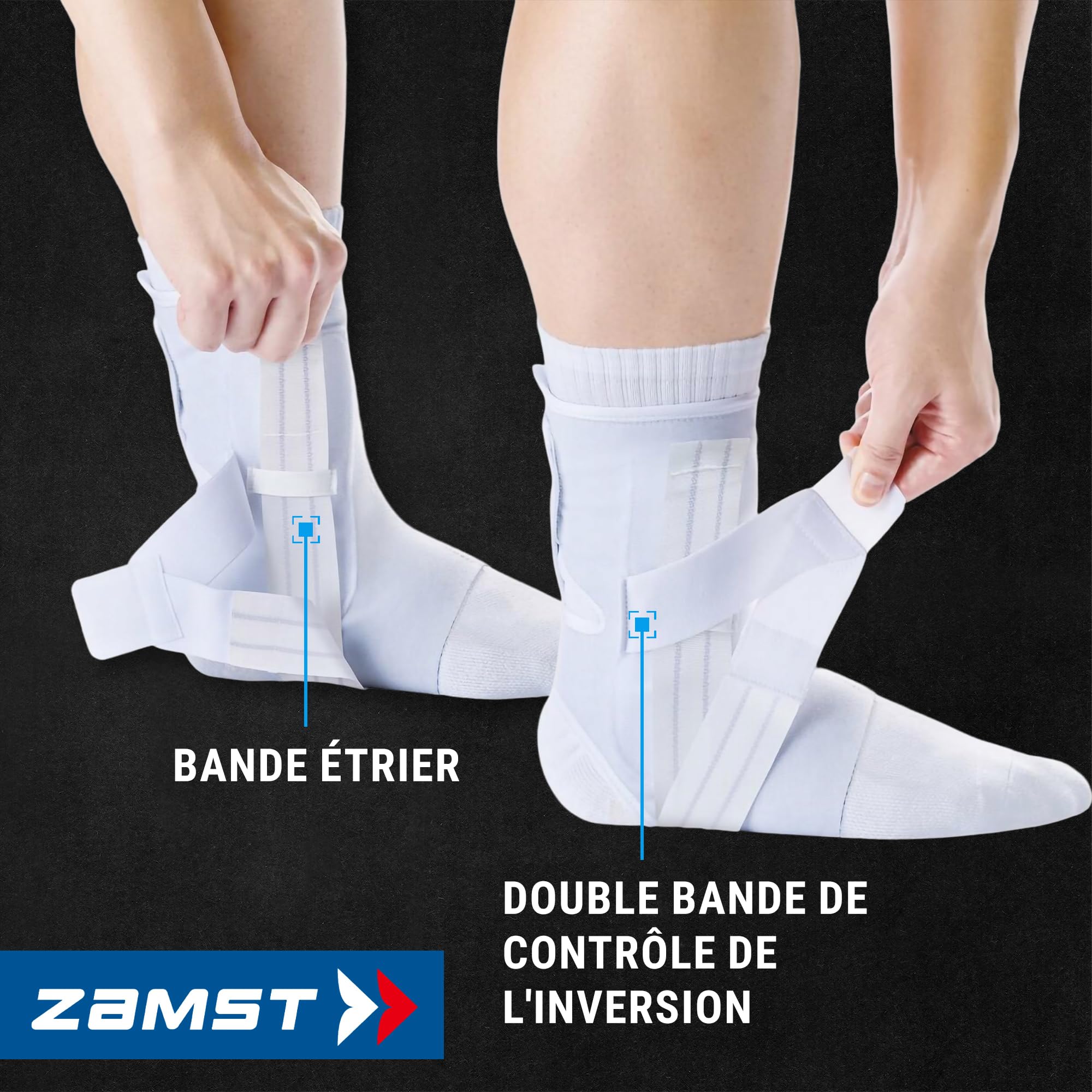 Zamst A1 Chevillère Blanche de Sport Support Respirant pour Hommes et Femmes avec Sangles Ajustables à Trois Bandes Pied Droit Taille M