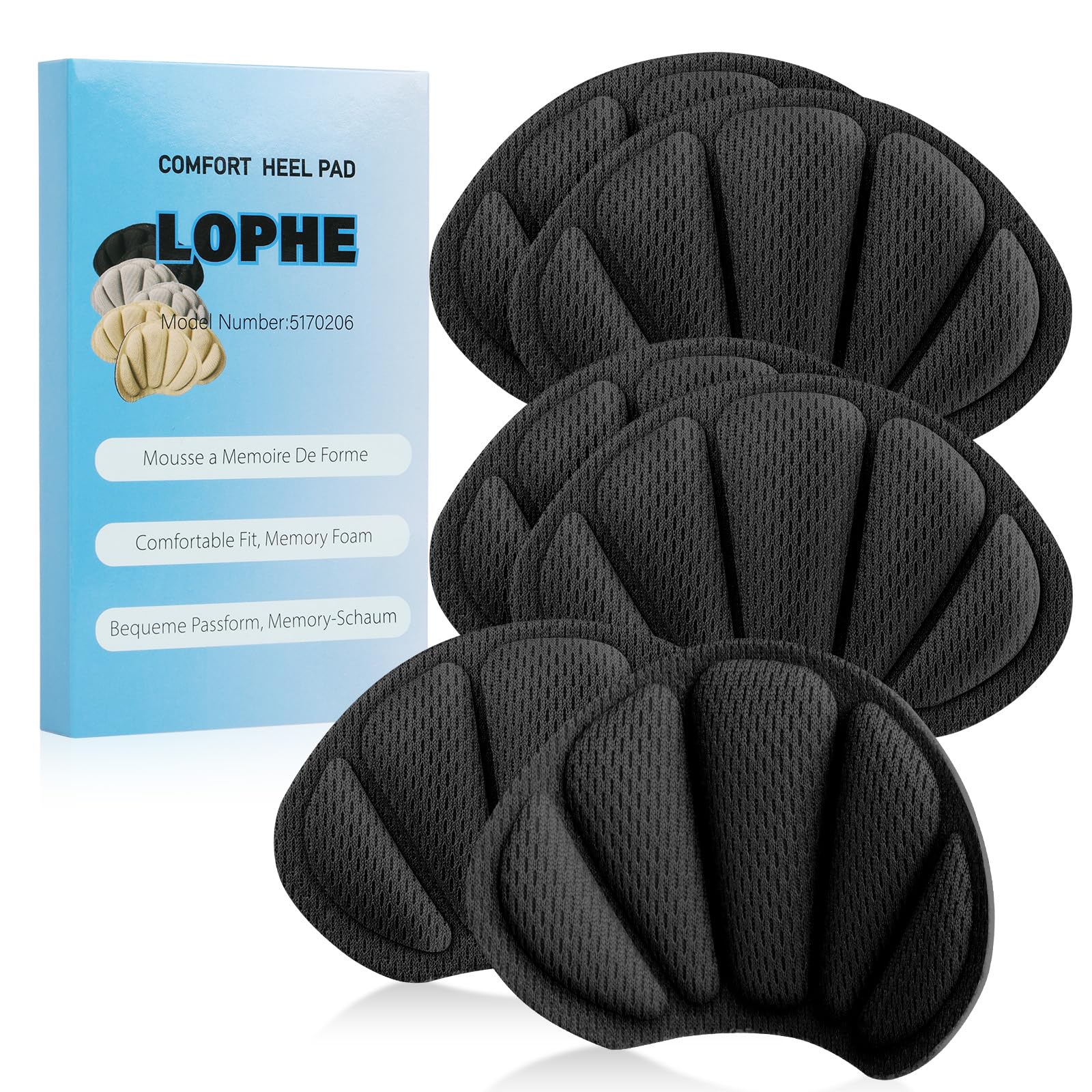 LOPHE Almohadillas para Talones, 3 Pares Almohadilla Talóneras Autoadhesivas para Mujeres y Hombres, Protector de Talon Esponja para Antirozaduras Zapatos y Reducir Talla Zapata (Negro)
