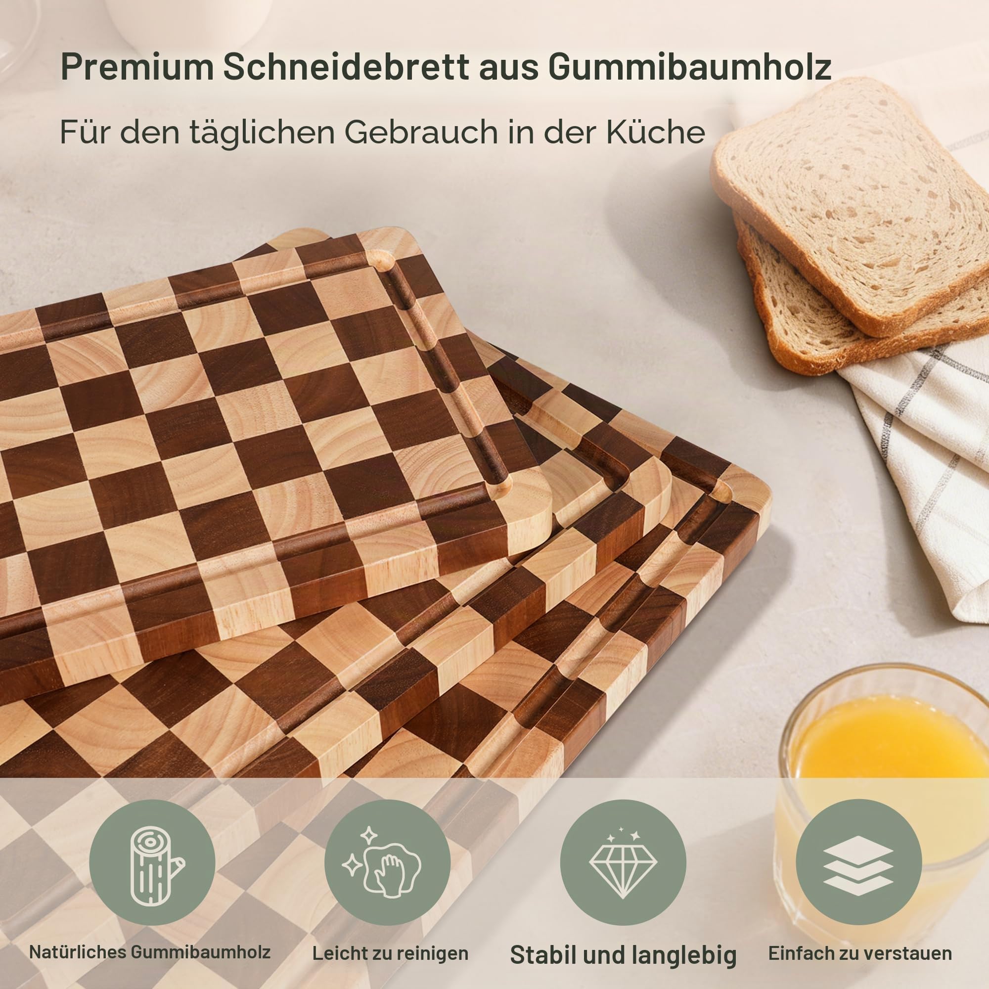 Schneidebrett aus Gummibaumholz, 3-teiliges Kariertes Küchenbrett-Set mit Ständer, Saftrinne und Griff für Fleisch, Gemüse und Käse