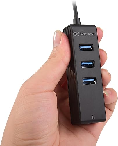 Miniatura 7 de Cable Matters Hub USB 4 en 1 con Ethernet, compatible con red Gigabit (USB 3.0 Hub Ethernet) con red 101001000Mbps, 3 puertos USB de 5 Gbps en negro
