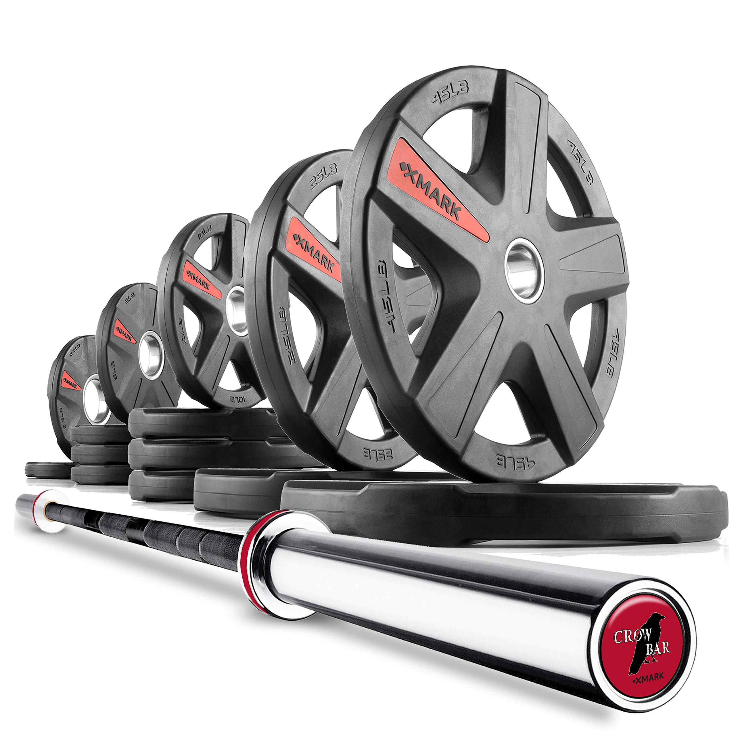 XMARK Barbell Weight Set, Texas Star Rubber Coated Weight Plate Sets with Crowbar 7’ Olympic Bar