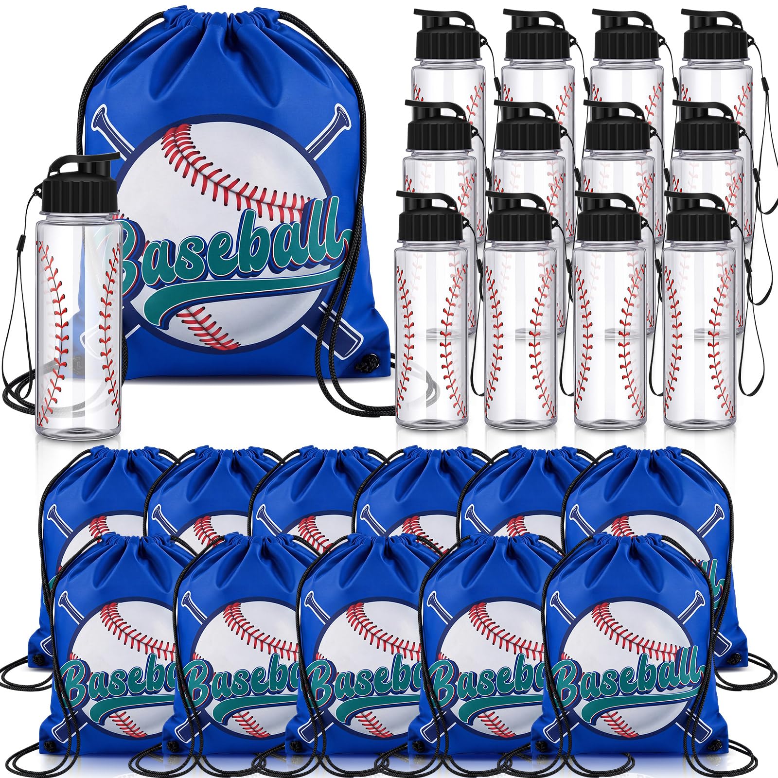 Photo 1 of Mifoci 24 Pieces Baseball Water Bottle and Baseball Drawstring Backpack Set 12 Pcs 17oz Reusable Plastic Water Bottle 12 Pcs Gym Goodie Gift Bag for Summer Gym Travel Party Outdoor