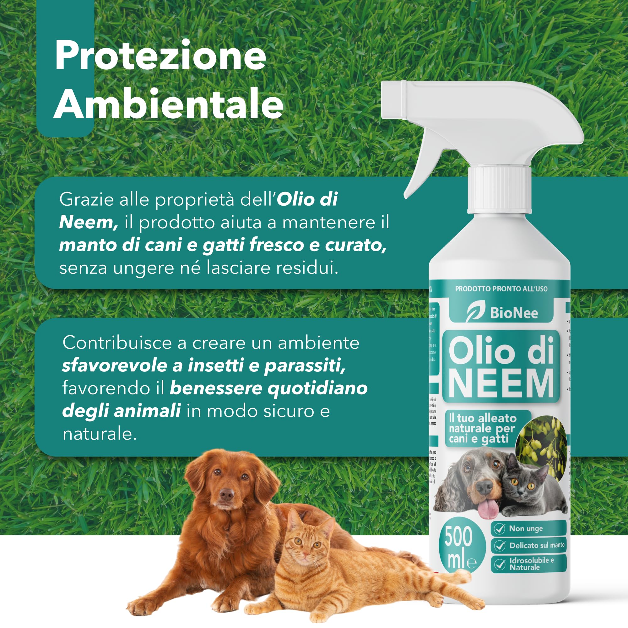 Olio di Neem per Cani e Gatti Spray 500 ml – Idrosolubile, Naturale, Non Unge – Azione Delicata, Effetto Barriera Sgradito a Zecche Pulci Zanzare Insetti
