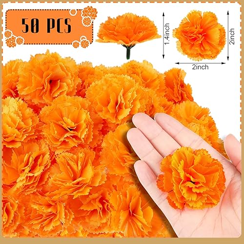 Miniatura 3 de Funtery 50 cabezas de flores de caléndula a granel, decoración del día de los muertos, decoración de altar de ofendas, día de muertos, 9 piezas de