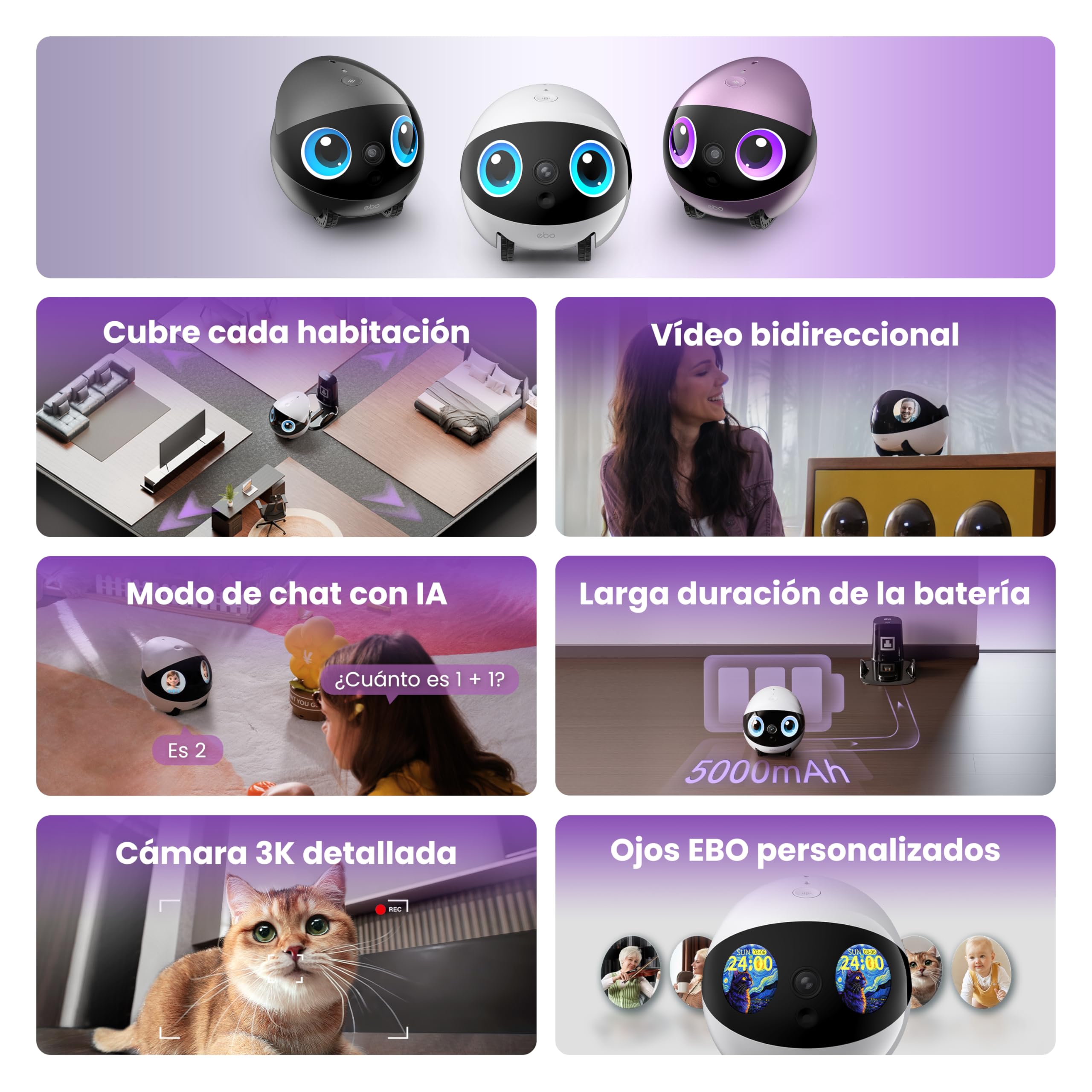 Enabot EBO Air 2 Plus FamilyBot, Robot Móvil IA, Cámara Vigilancia 3K para el Hogar & Mascotas, Audio Bidireccional, Batería, Imagen Facial Personalizada (Púrpura Nebula)