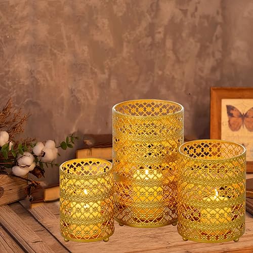 Miniatura 4 de Portavelas de metal, portavelas votivas doradas para velas de huracán, juego de 3 portavelas para velas en frasco, centros de mesa de boda