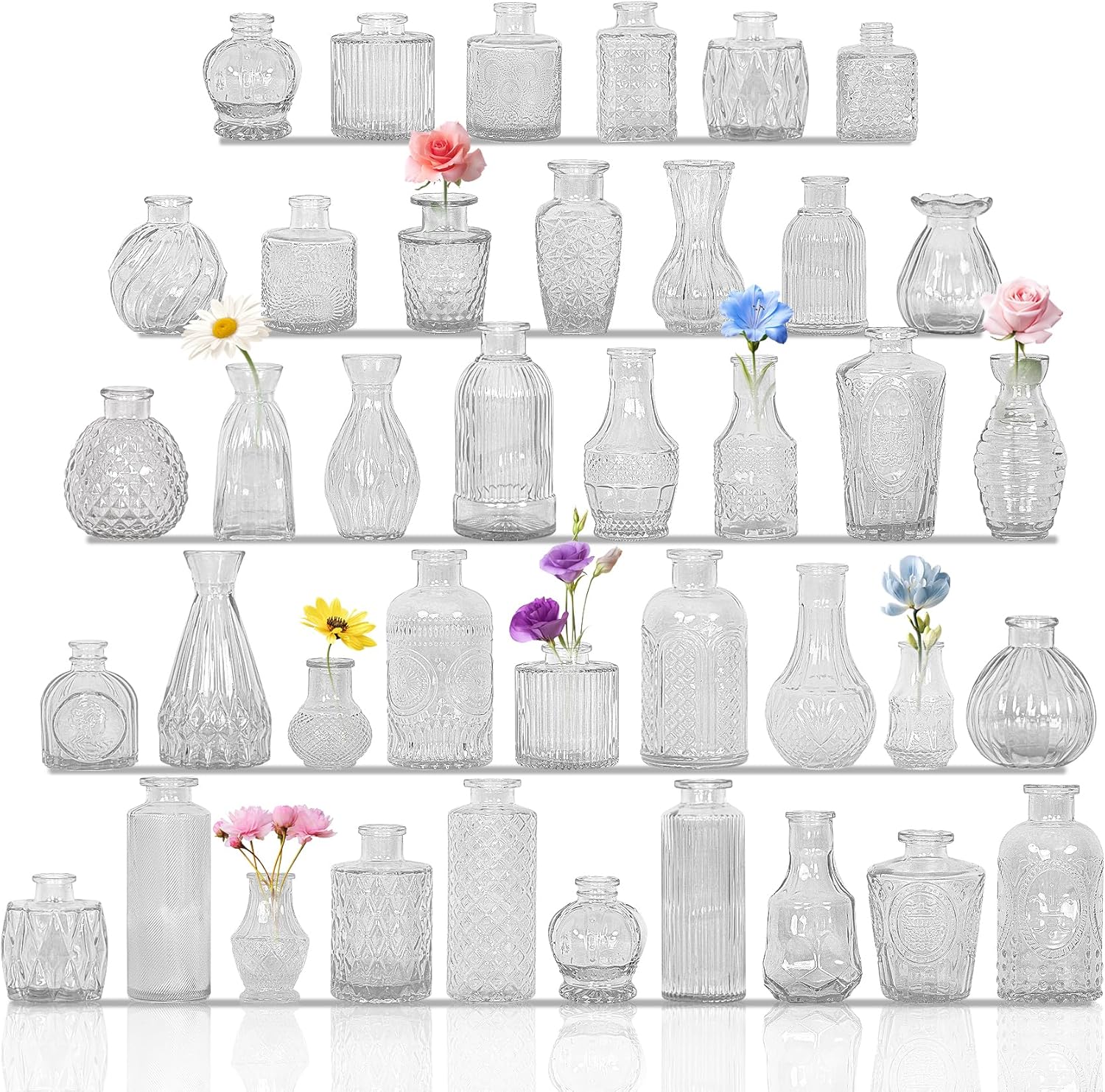 Set of 40 Glass Bud Vases, Small Clear Glass Vases in Bulk, Mini Vintage Embossed Flower Vase for Wedding, Centerpieces, Birthday Party, Baby Shower, Home Table Decorations (Clear) Clear 40