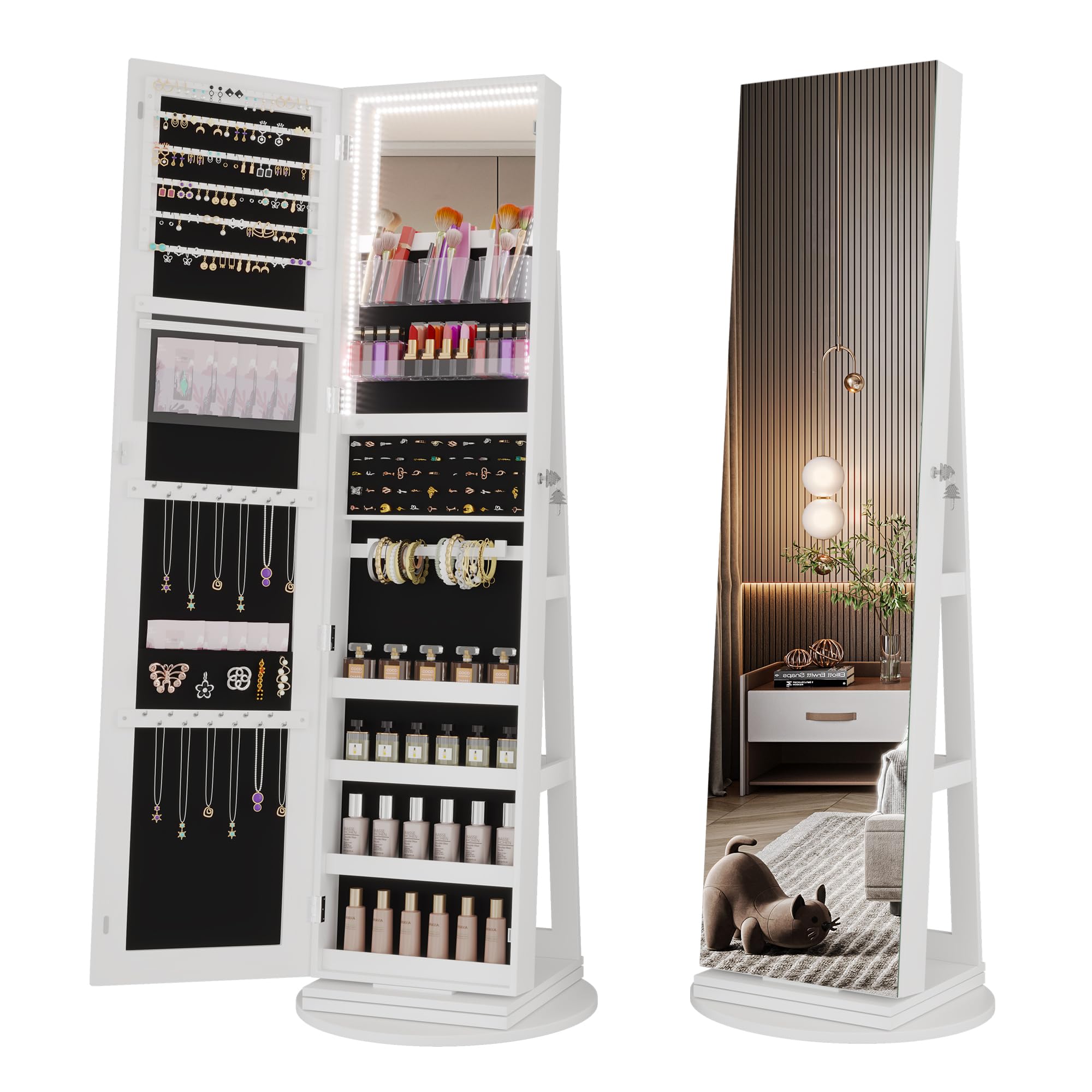Vlsrka Vlsrka Armario para joyero LED con Espejo de cuerpo entero, Espejo joyero de pie giratorio 360°, Armario joyero con espejo madera, Espejo armario bloqueable para dormitorio, Regalos para mujes, Blanco
