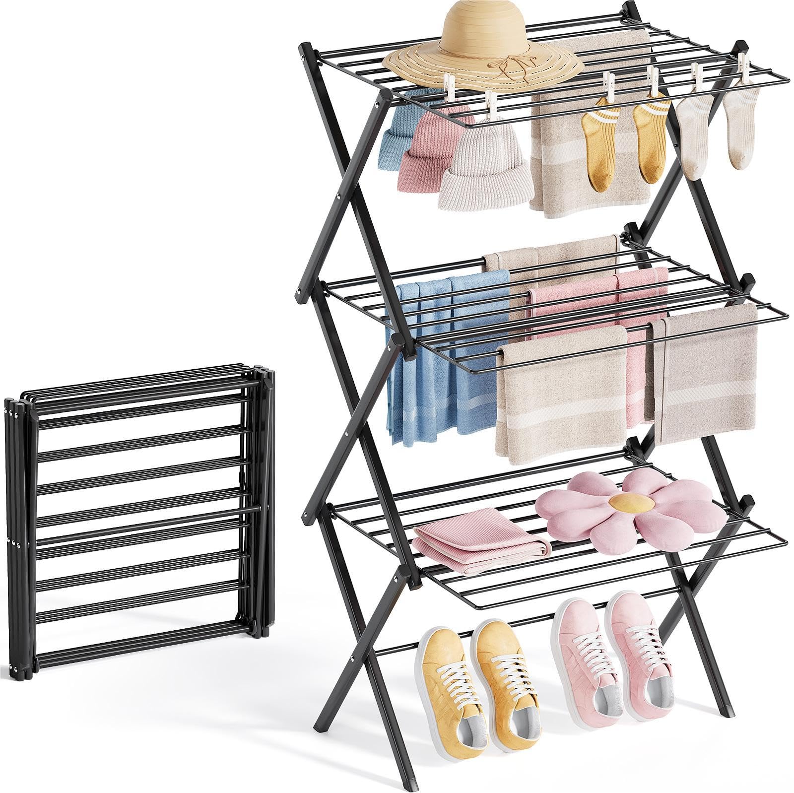 SKYIARIOL Etendoir Linge Interieur Pliable - Sechoir a Linge Pliable 3 Étagères Métallique Extérieur - et Extensible Gain de Place - Sèche Linge Tour - Solide Stable(Noir)